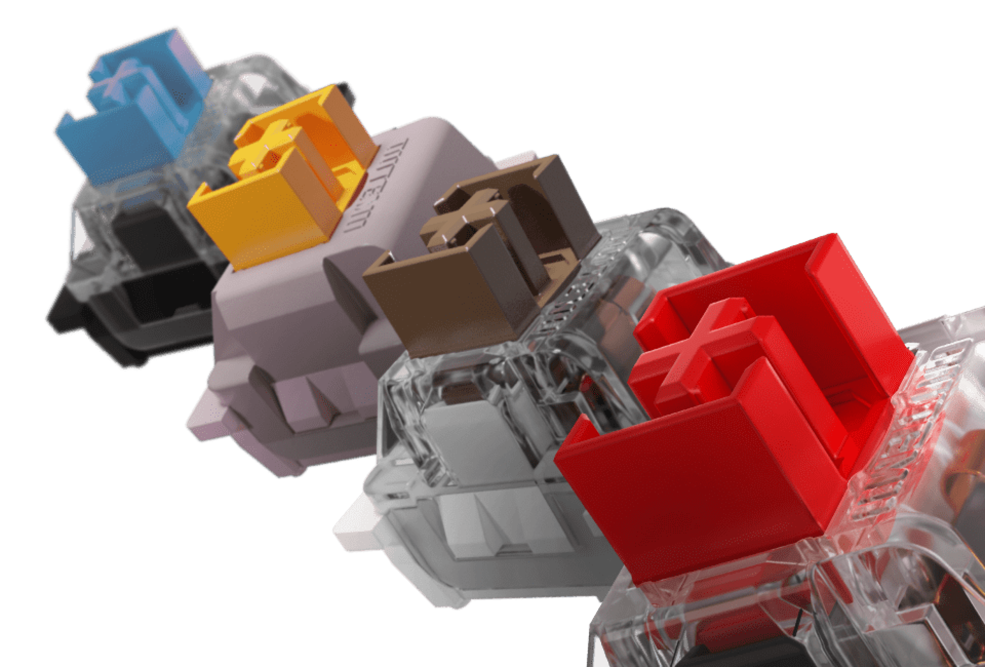 Colorful keycaps in varying shades (blue, yellow, brown, and red) displayed on transparent switches, showcasing a double-shot design