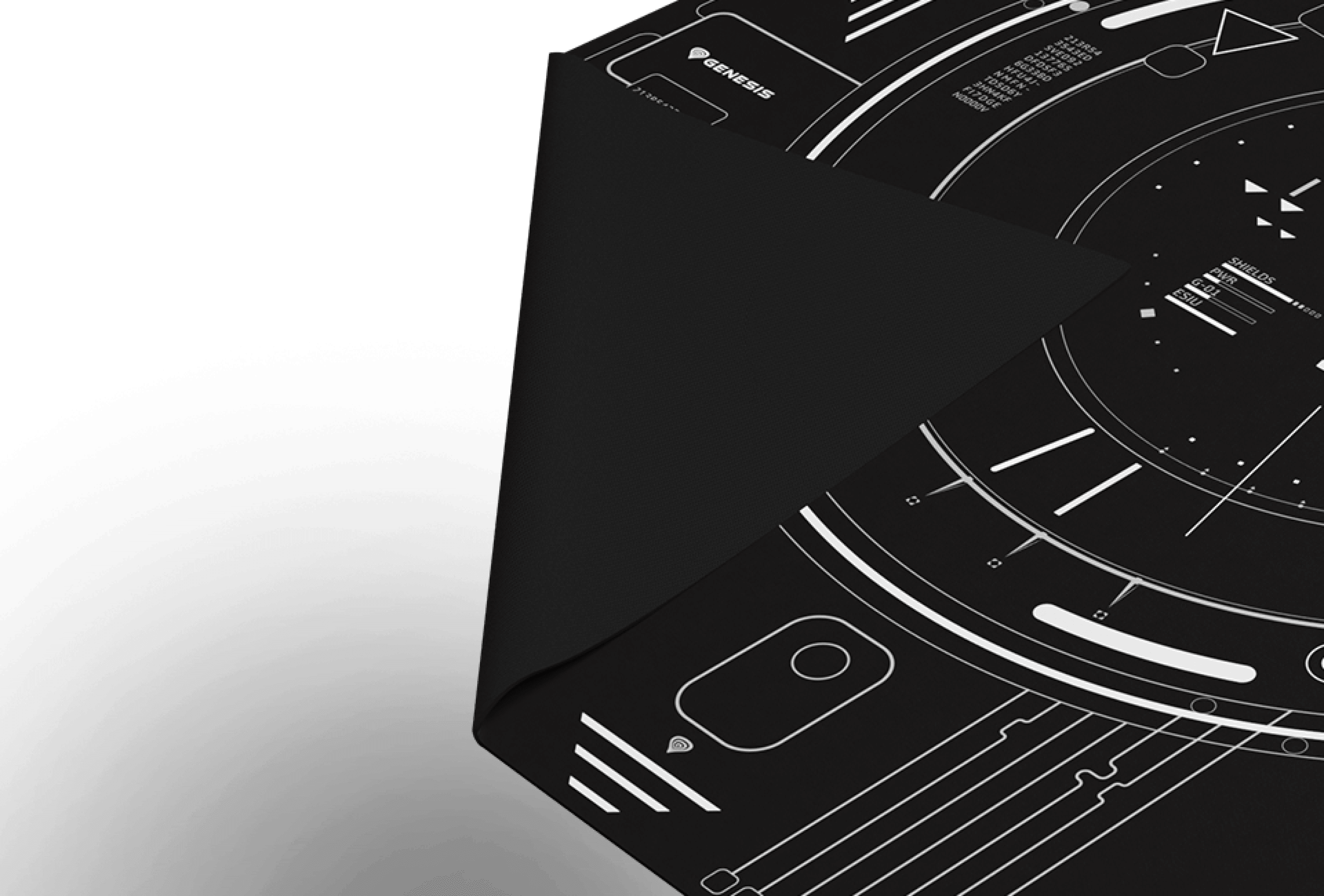 Black protective mat for Genesis Tellur chair, featuring a sleek design with white graphics, measuring 110x100 cm