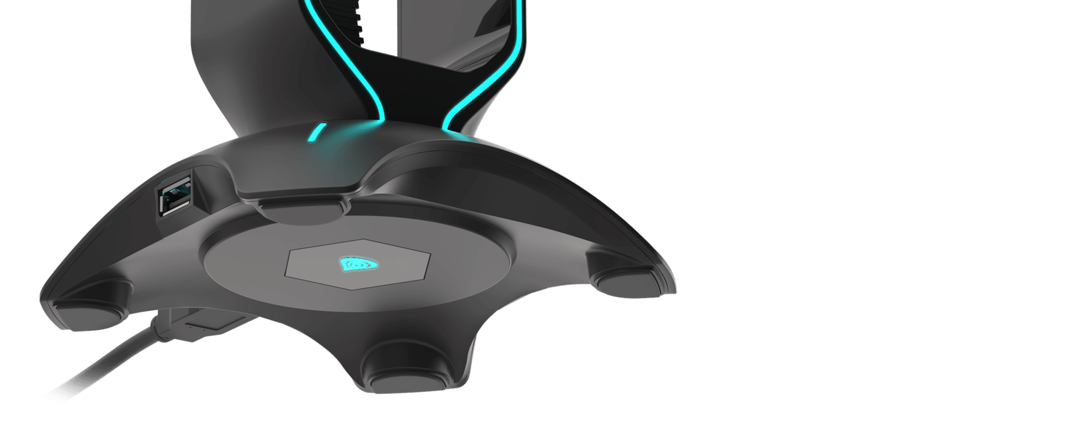 Gaming headset and mouse bungee with USB hub and LED lighting, featuring a sleek black design and blue accents
