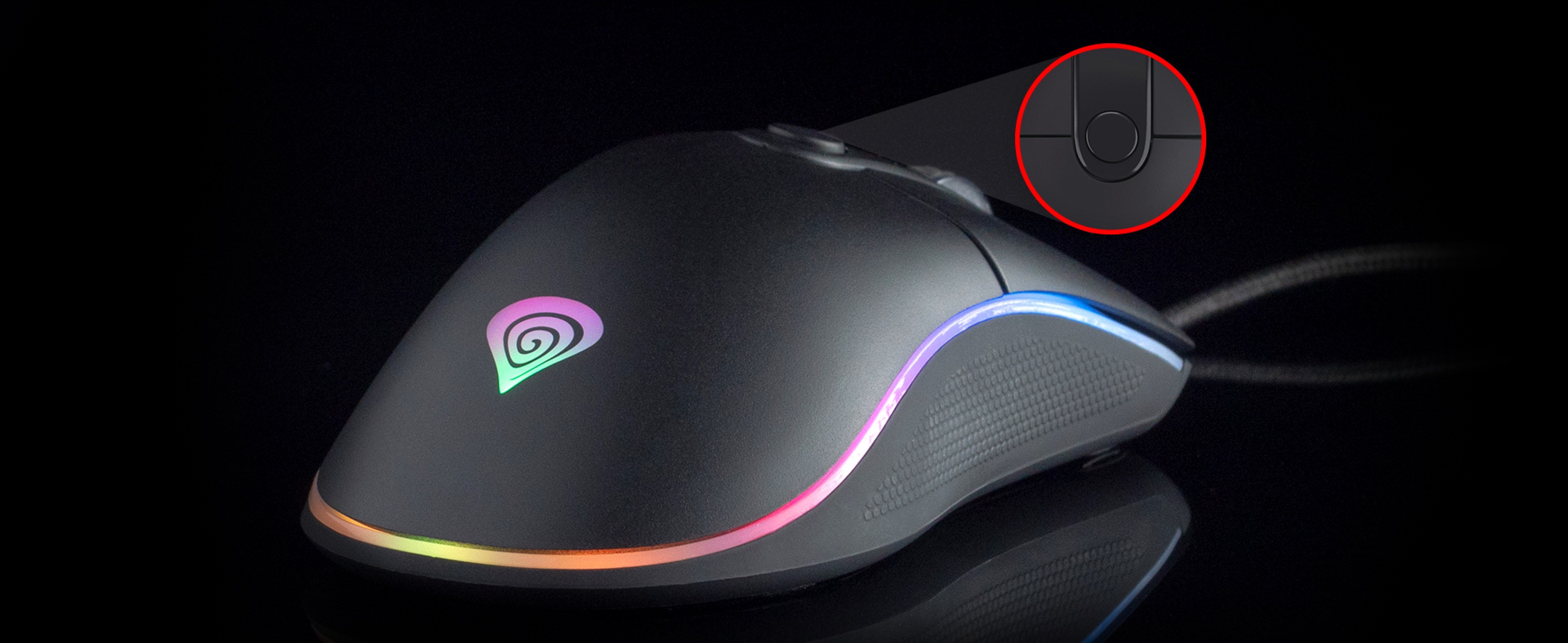 Black gaming mouse Genesis Krypton 510 with RGB lighting and 8000 DPI, featuring a customizable button