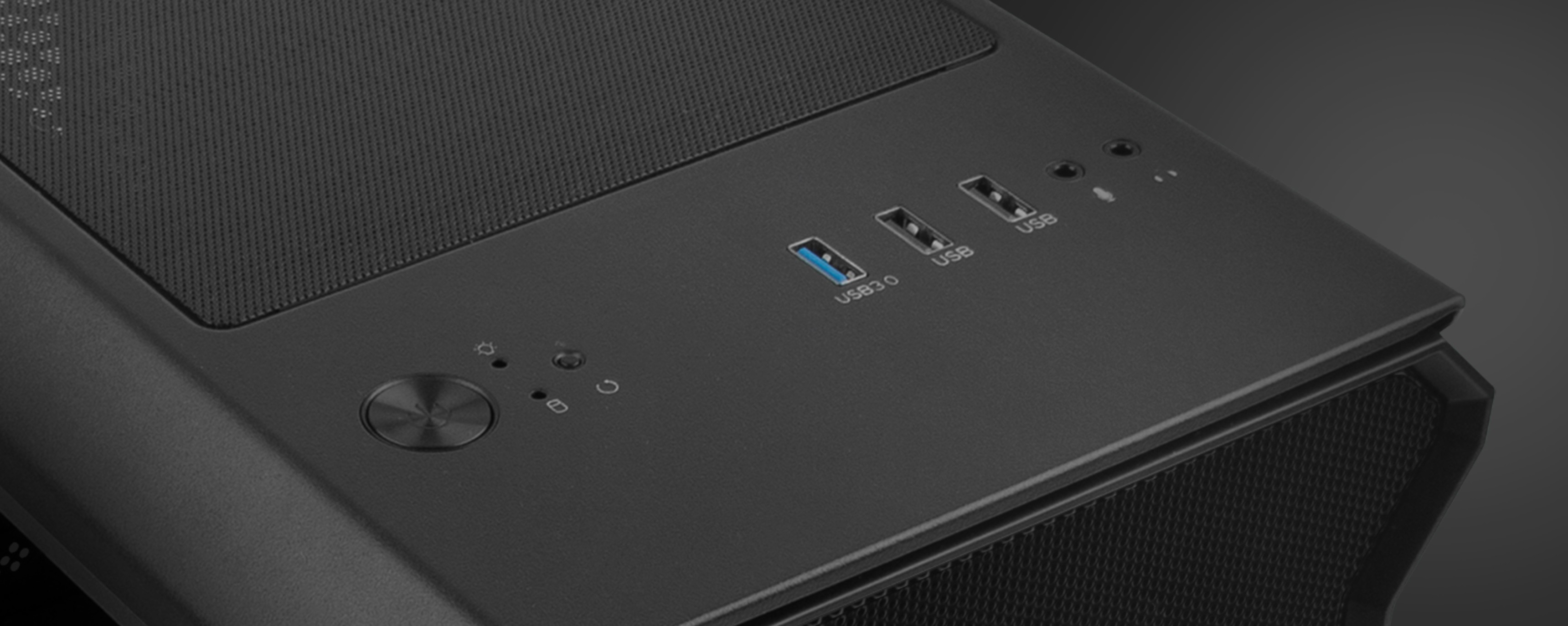 Black mini tower computer case with a mesh top panel, USB ports, and power/reset buttons