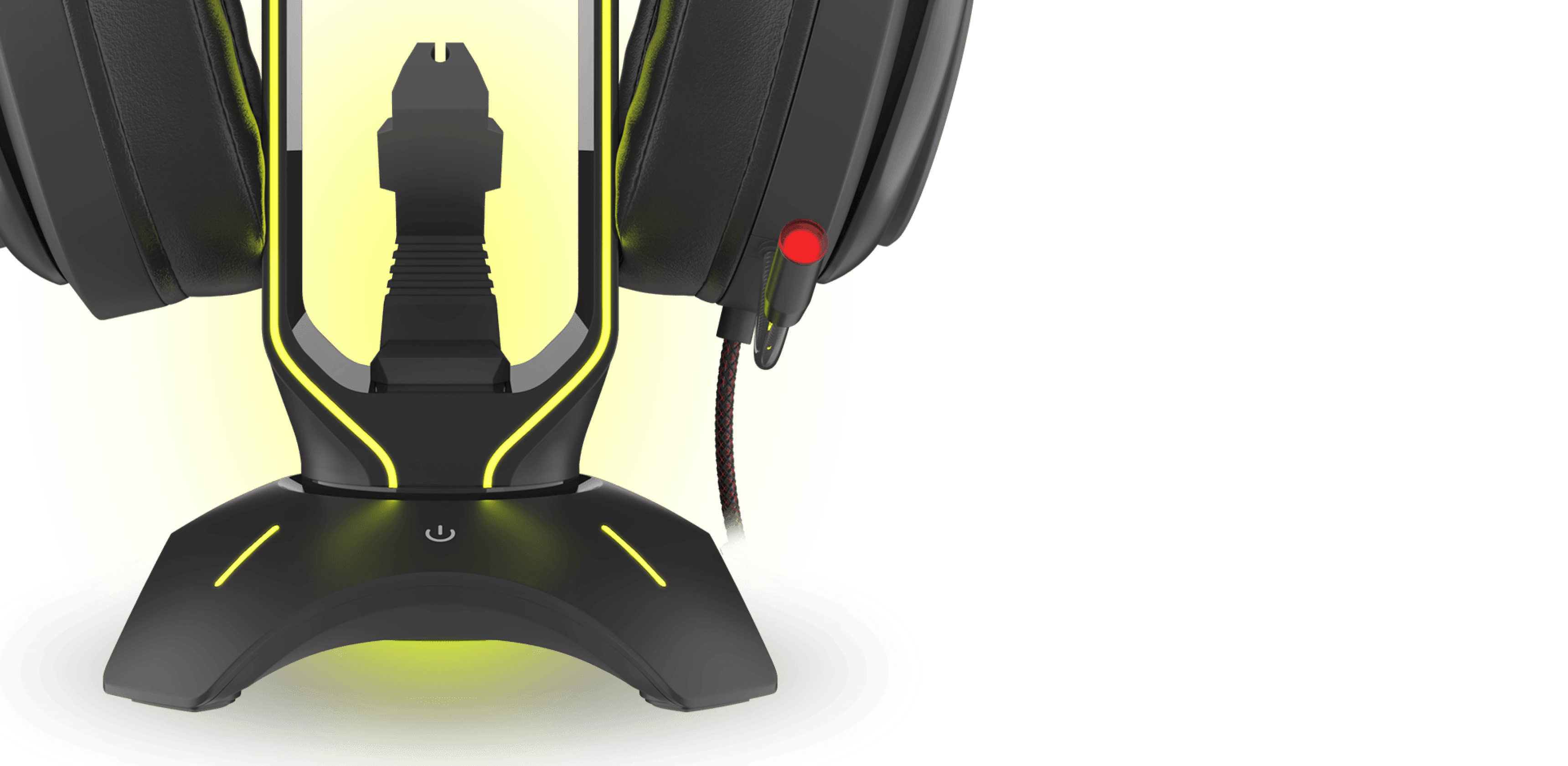 Headset holder with illuminated design, featuring USB hub and space for mouse cable management