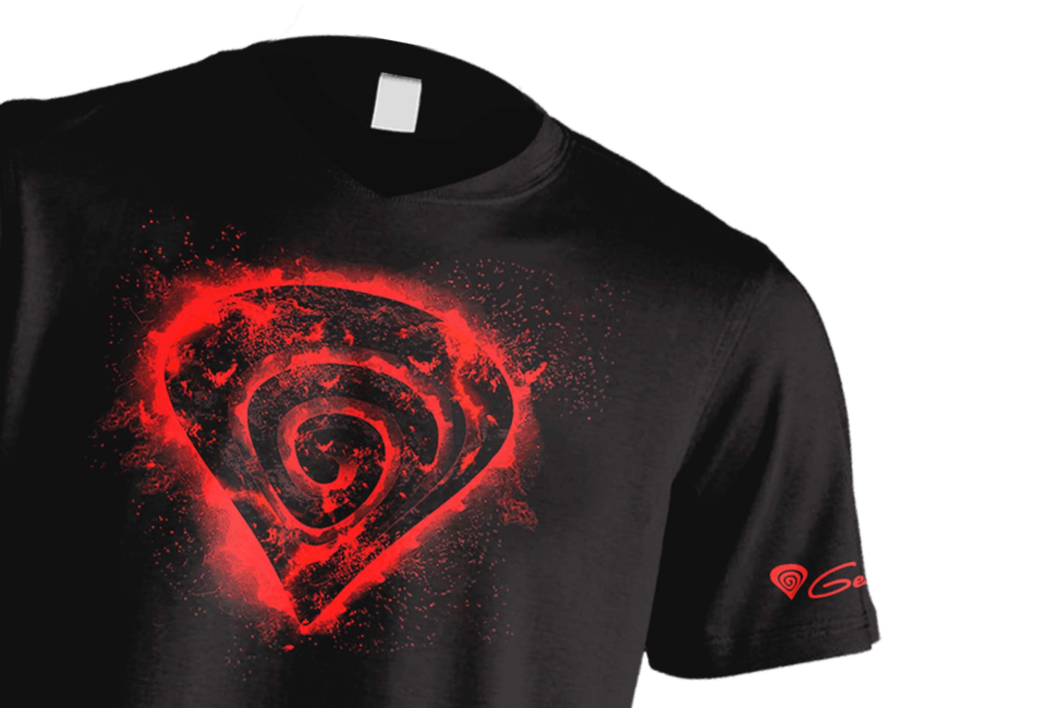Black t-shirt in size S featuring a large red spiral design on the front and the Genesis logo on the sleeve