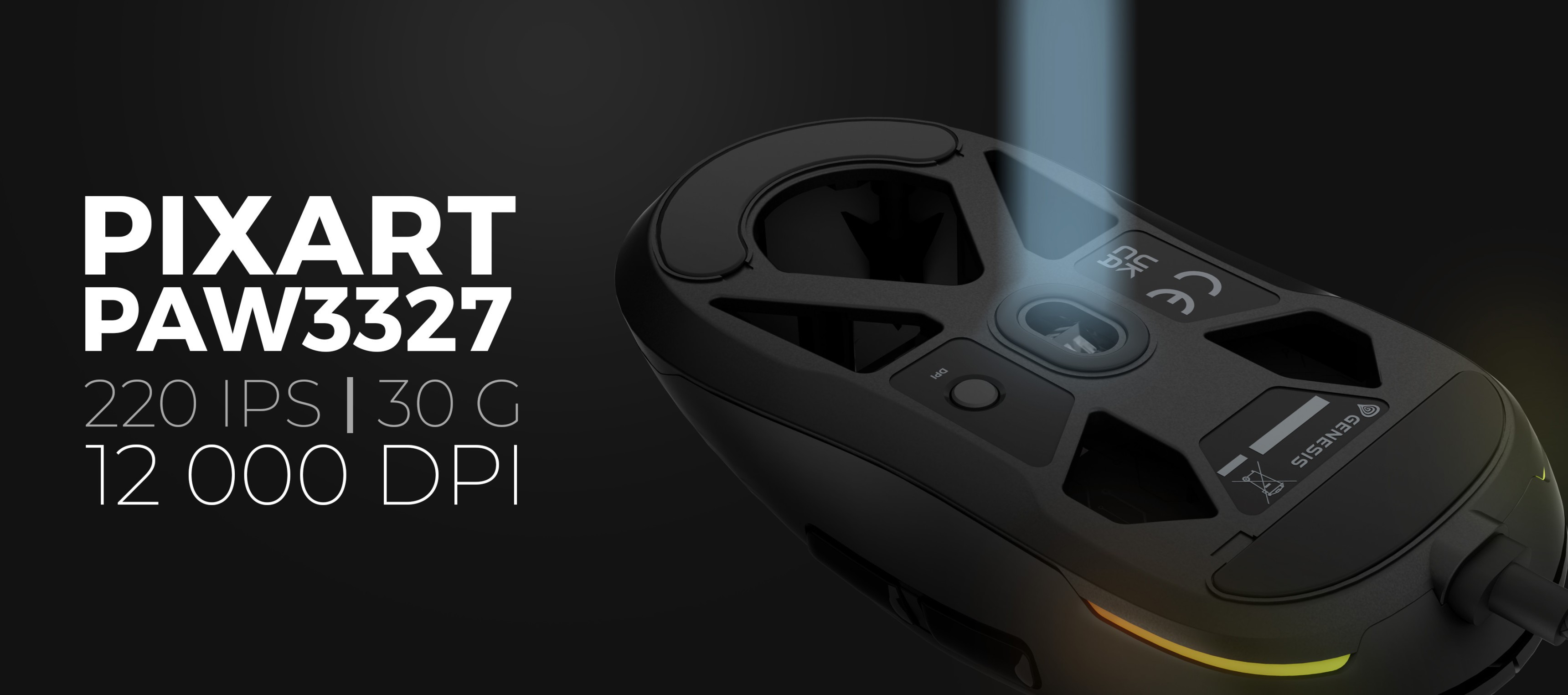Black RGB gaming mouse with PixArt PAW3327 sensor, featuring adjustable DPI up to 12,000 and customizable buttons