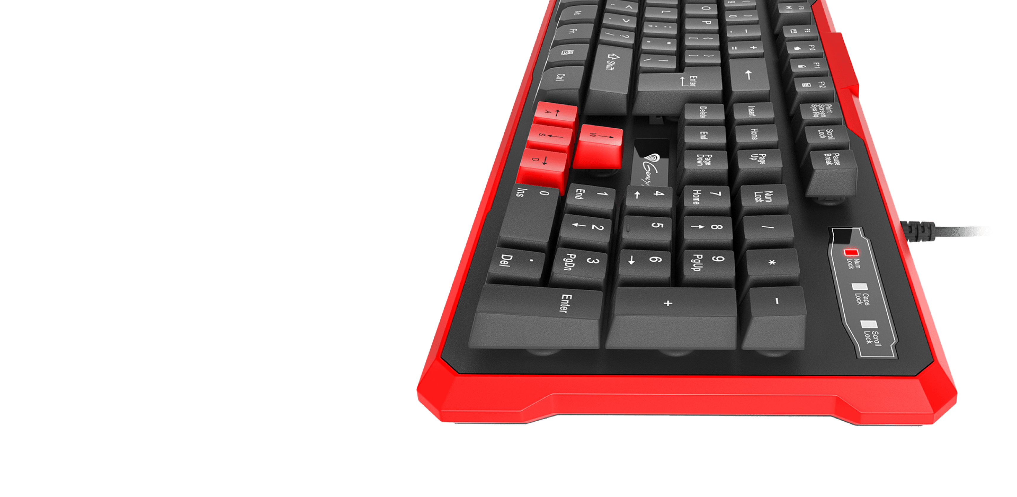 Keyboard featuring black keys with red highlights and a connection cable on the side.