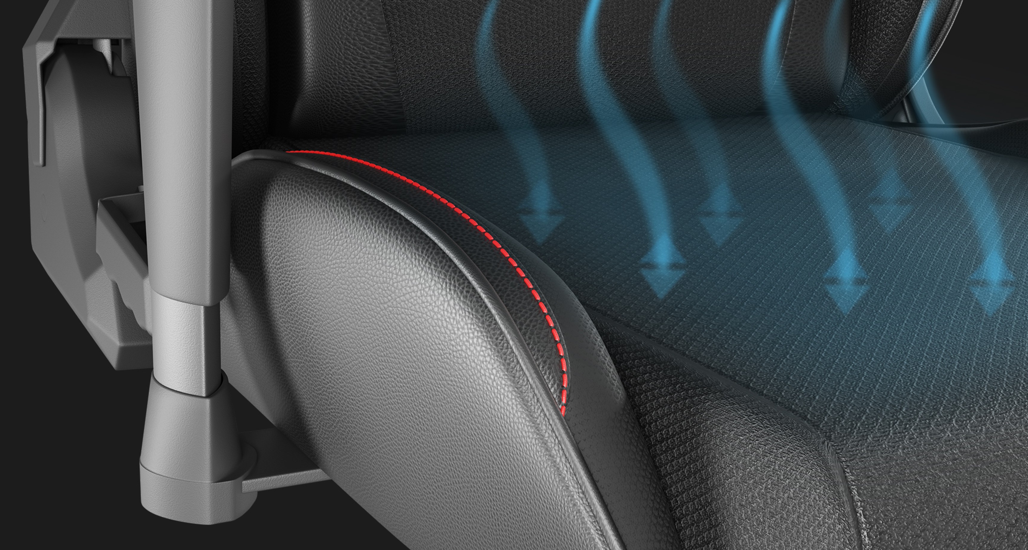 Close-up of the Genesis Nitro 550 G2 gaming chair, highlighting breathable fabric with airflow design and red stitching detail