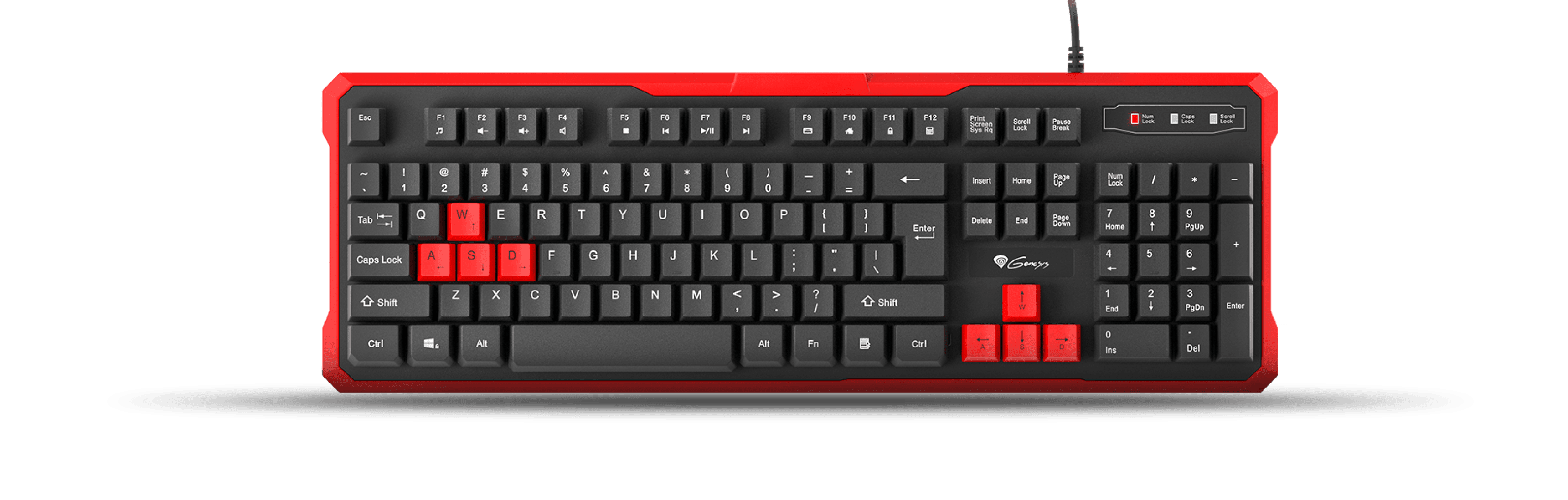 Black keyboard with red accents and various keys for typing and gaming functions.