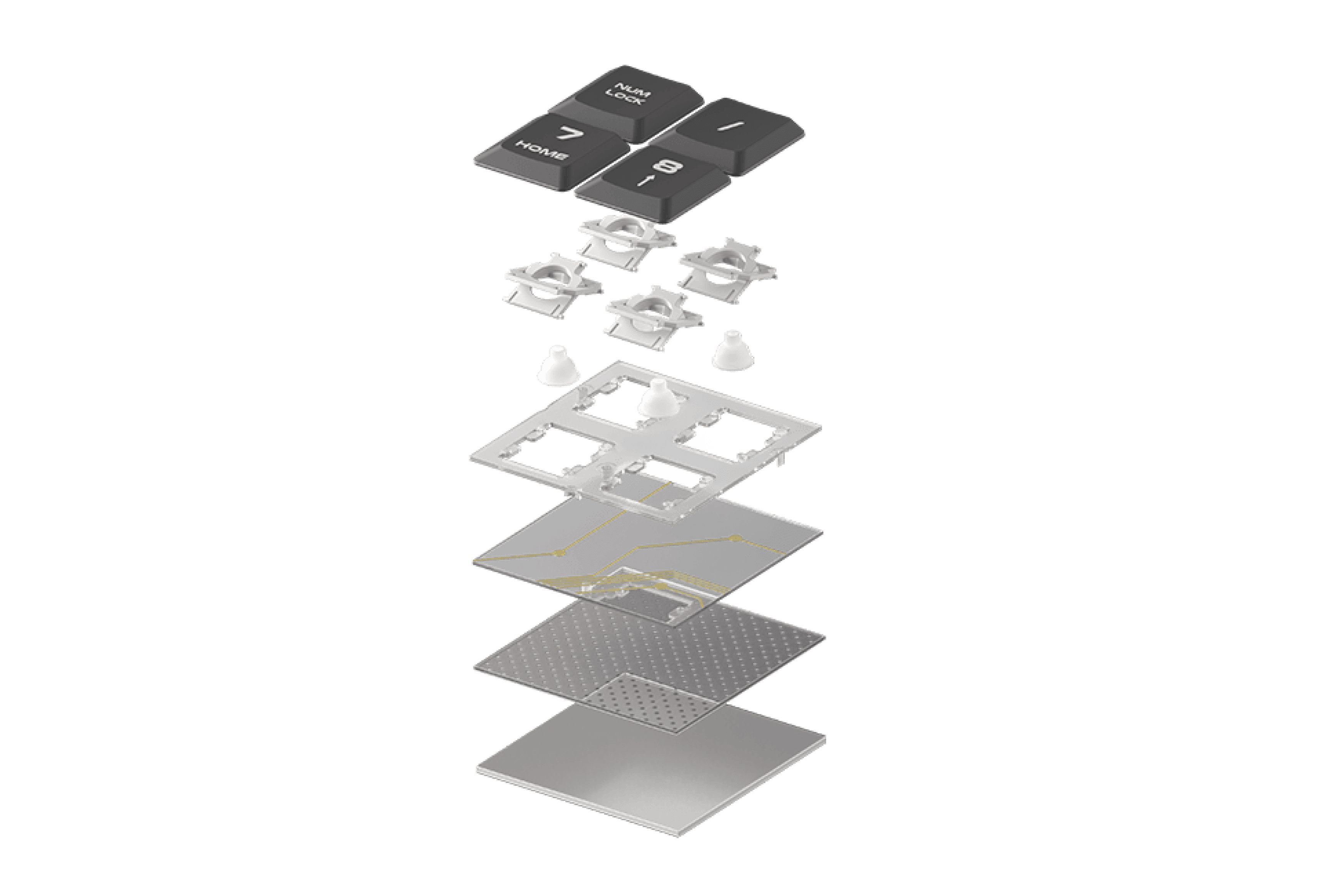 Exploded view of the Genesis LITH 400 RGB gaming keyboard, showing keycaps, switches, and internal layers