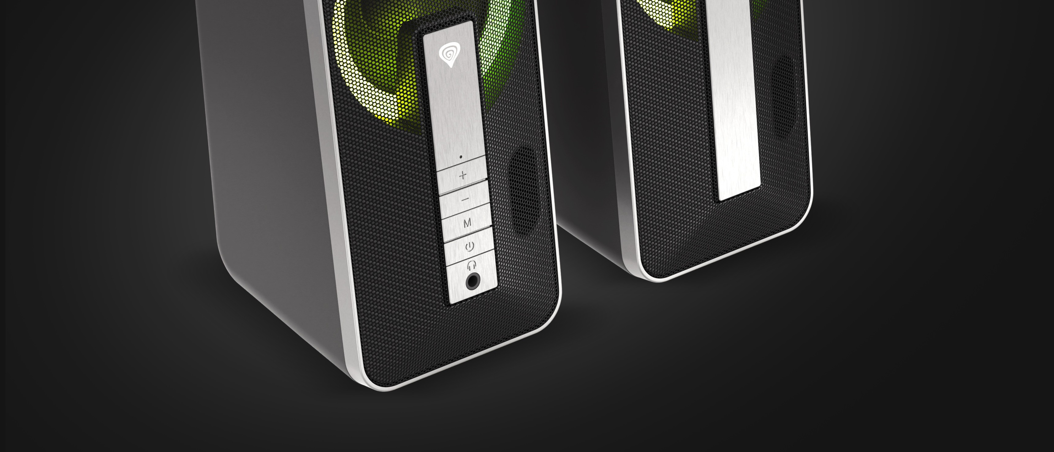 Black Bluetooth speakers with RGB lighting and control buttons on the front, showcasing a modern design