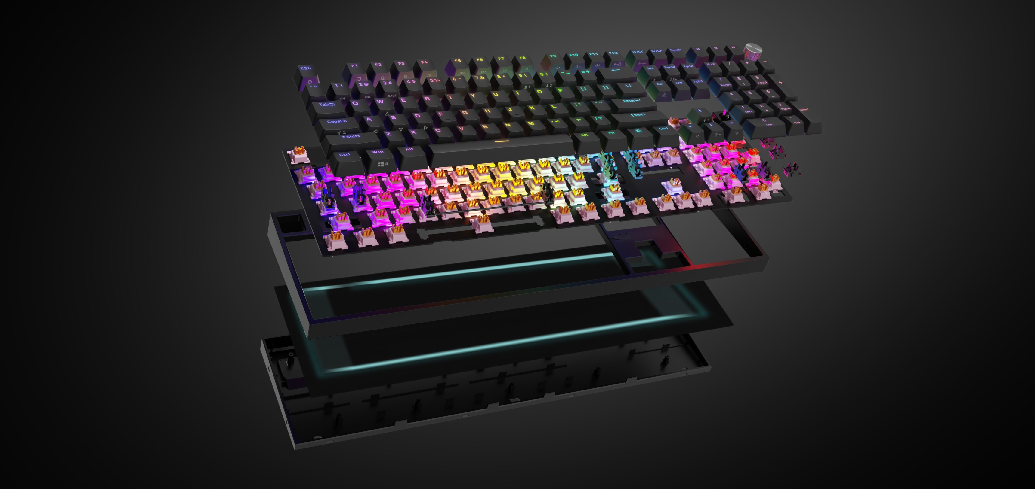 Black mechanical gaming keyboard with RGB lighting and Outemu Peach Silent switches. Features a modern design showcasing colorful key backlighting