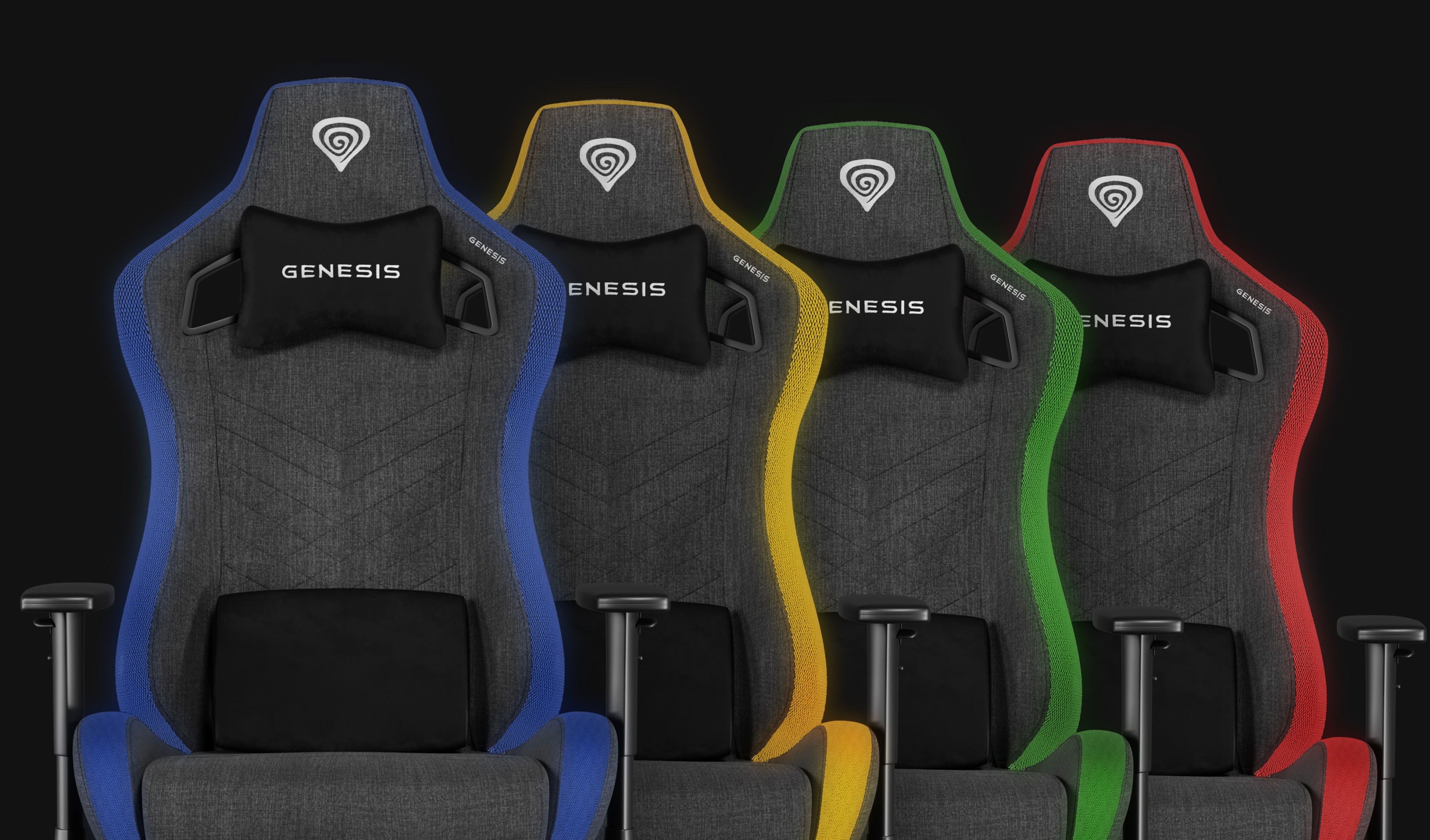 Four Genesis Trit 660 RGB gaming chairs in gray with colored accents: blue, yellow, green, and red