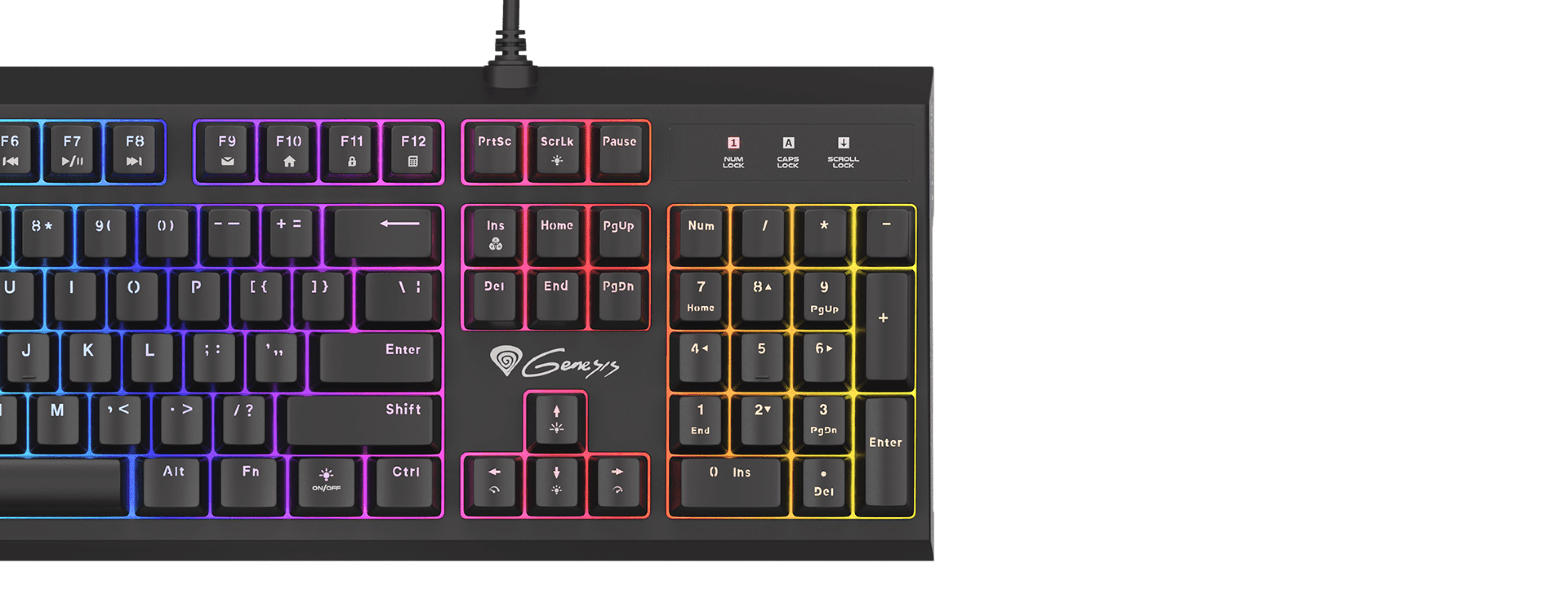 Keyboard with colored backlighting and various function keys on a black surface.