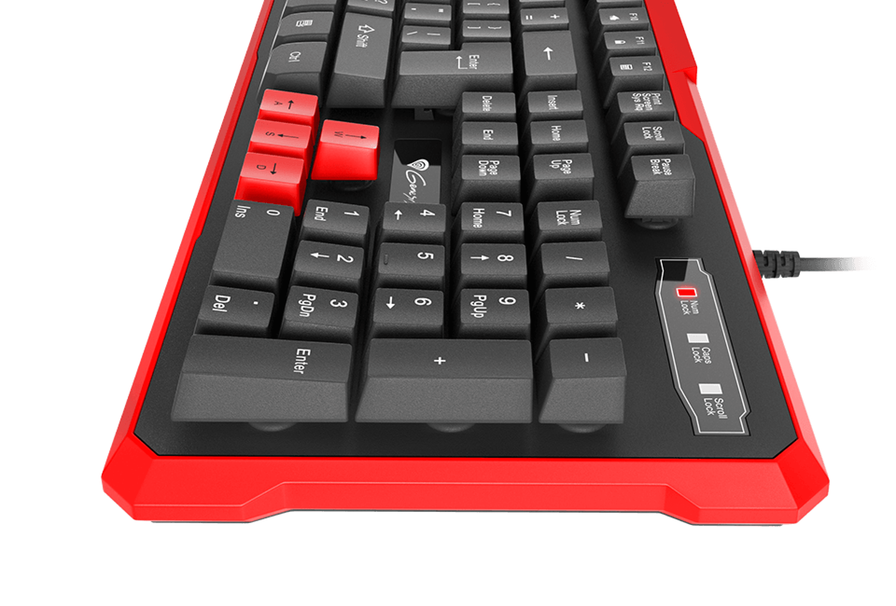 Red and black keyboard with various keys and a connection cable.
