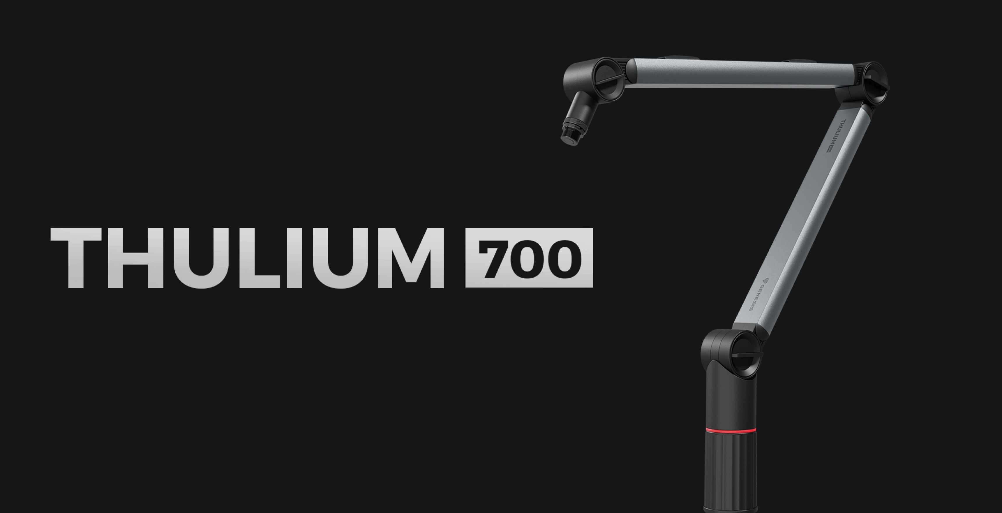 Microphone arm designed for the Genesis Thulium 700, featuring an adjustable and sturdy construction against a dark background