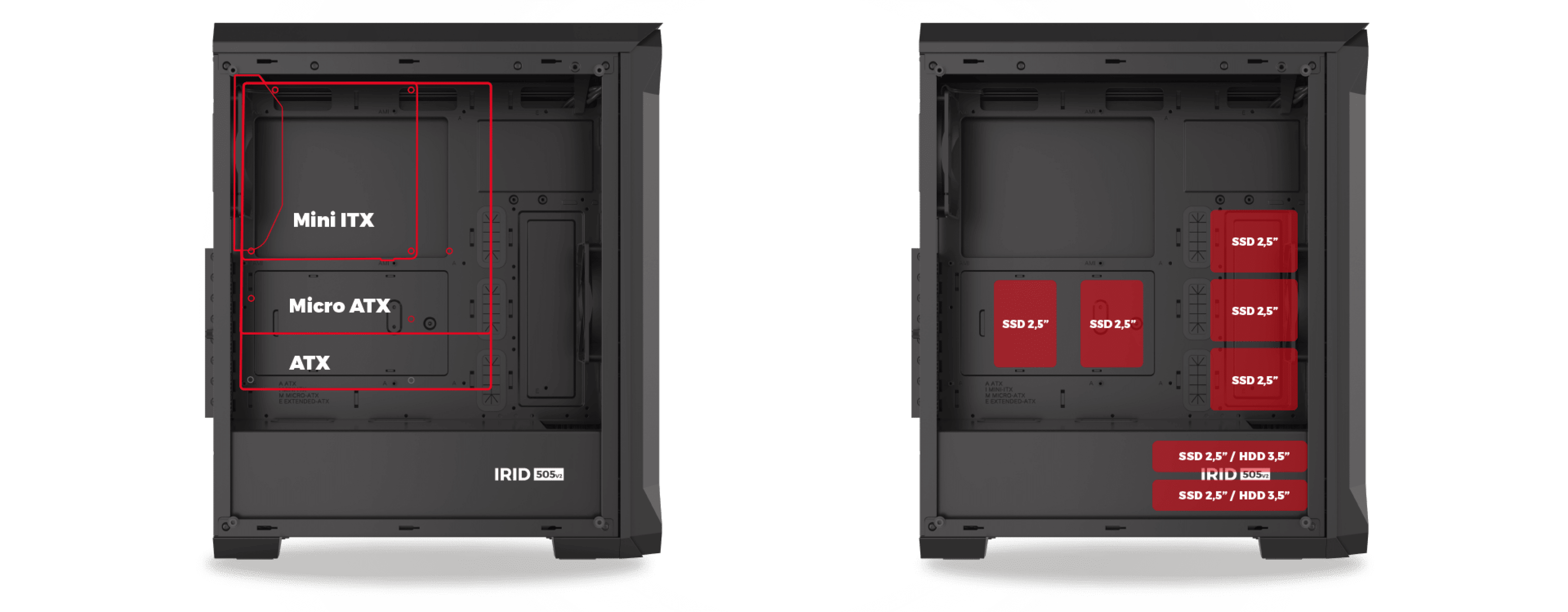 Black Genesis IRID 505 V2 MIDI tower case with window, featuring outlined slots for Mini ITX, Micro ATX, and ATX motherboards