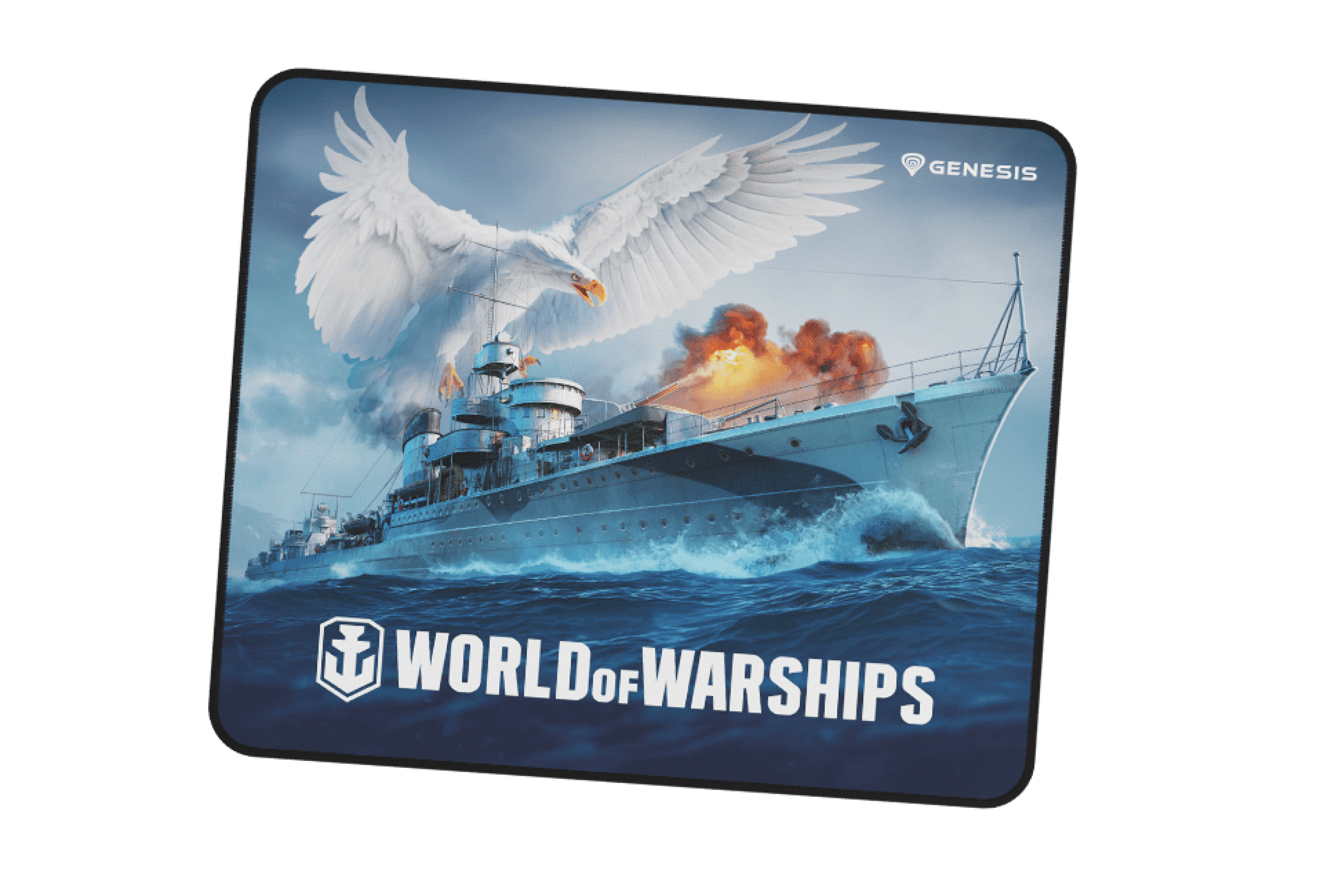 Mouse pad featuring a detailed illustration of a warship under attack, with a large bird above, and the "World of Warships" logo
