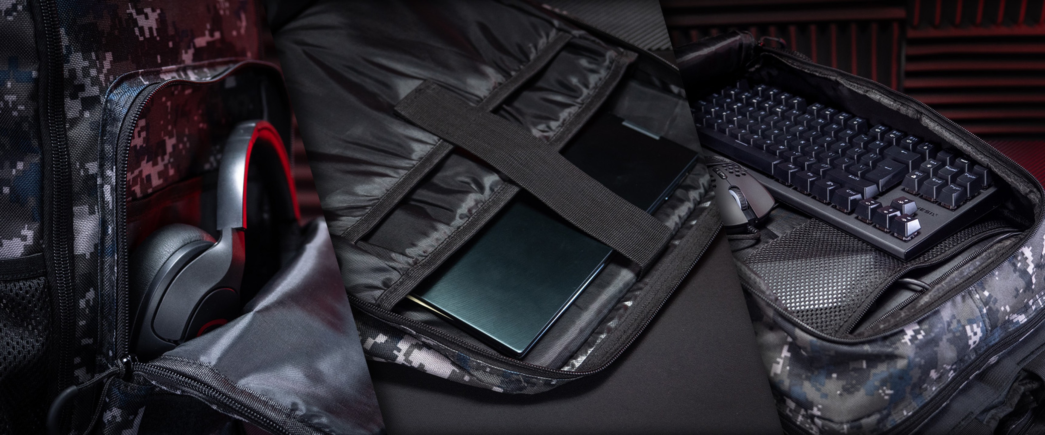 Interior of the Genesis Pallad 450 Camo Lite backpack showing a laptop, keyboard, and headphones in organized compartments