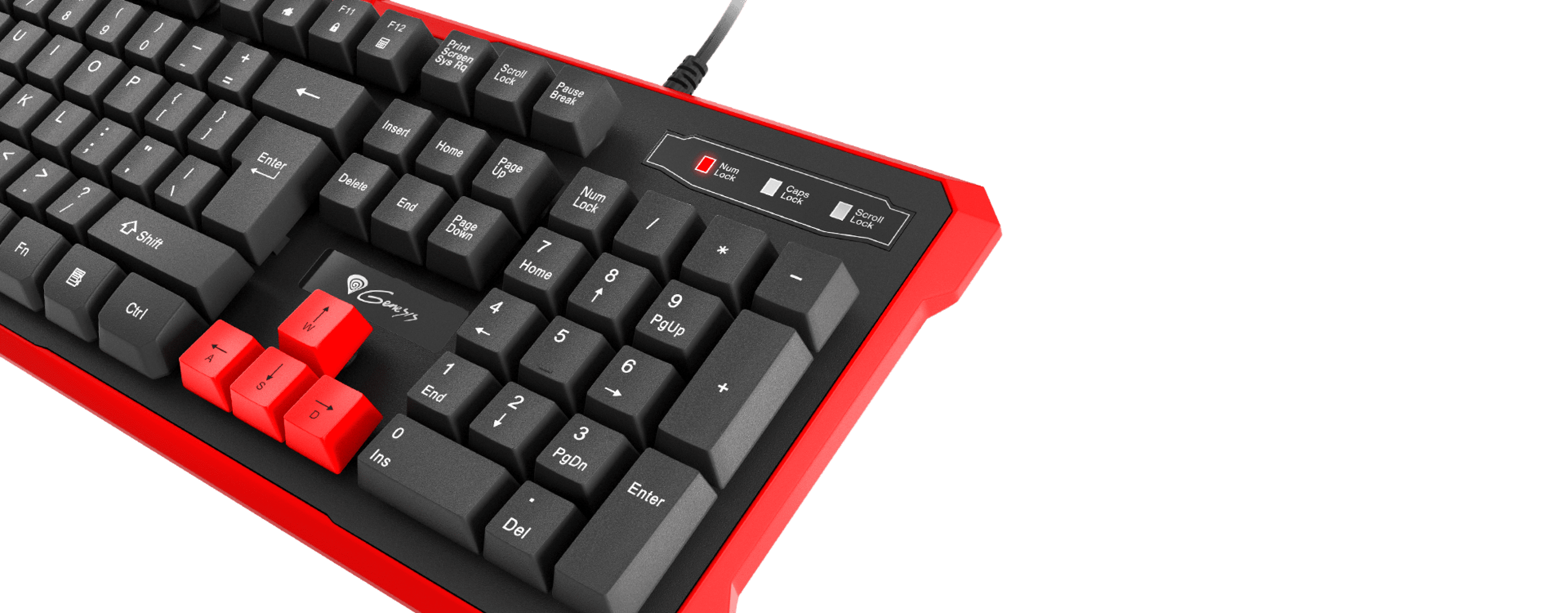 Keyboard with a black layout and red accent keys, including a connected cable.