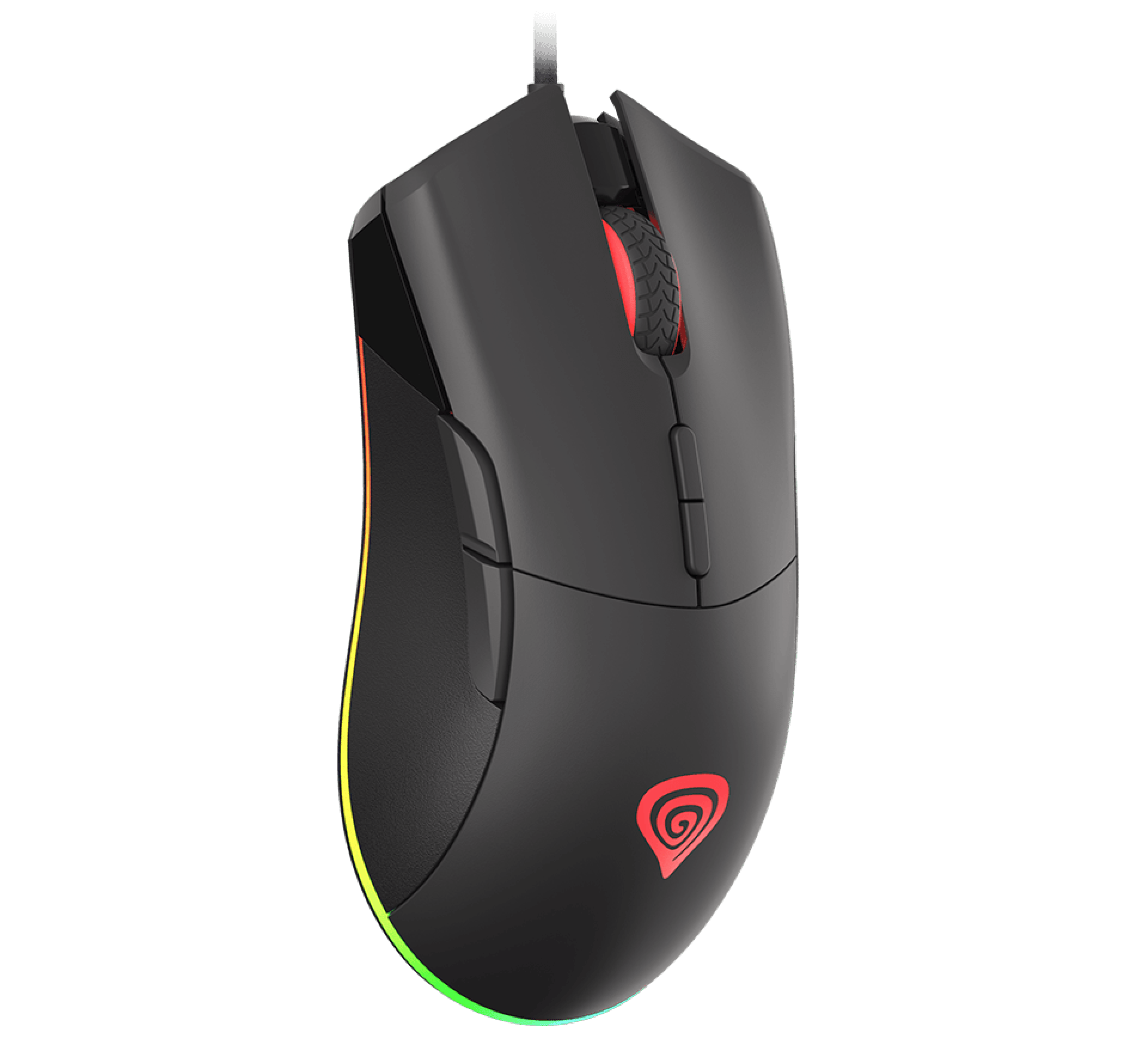Black gaming mouse with RGB lighting, featuring a DPI up to 6400, programmable buttons, and a textured scroll wheel