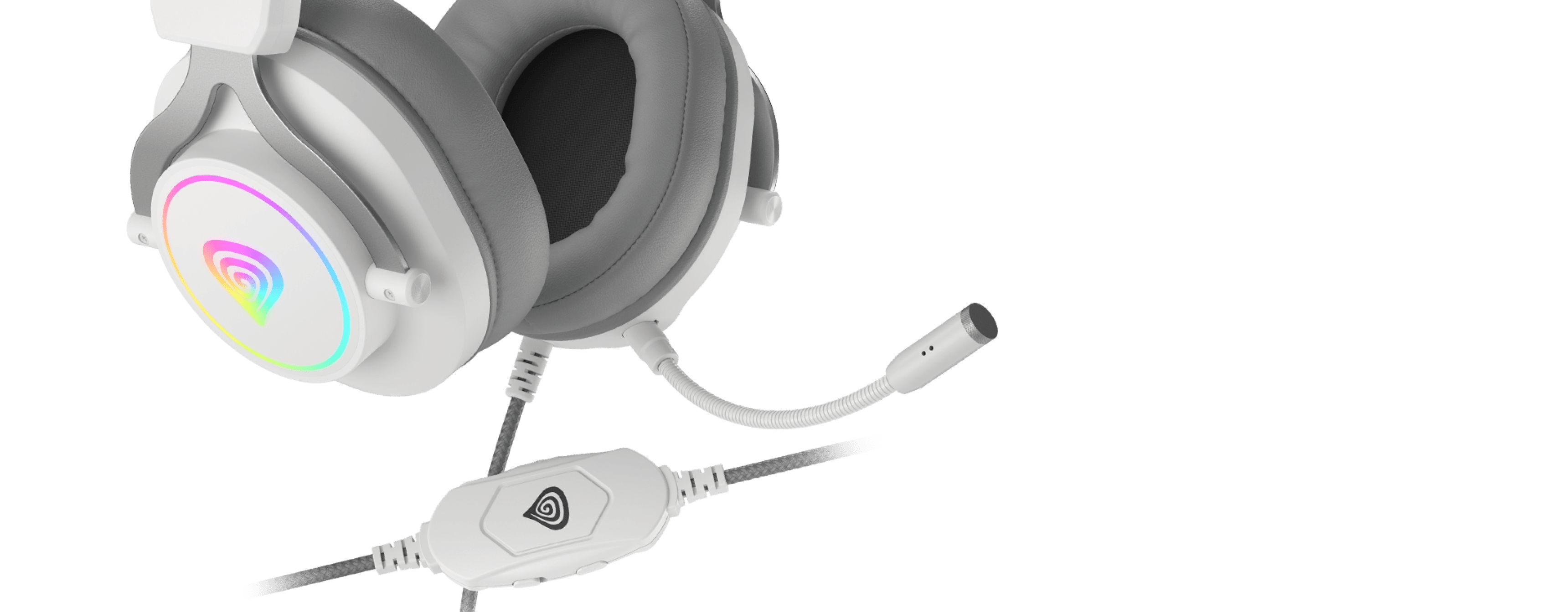 Over-ear headphones in white with a colorful light on the earcup and a microphone attachment.