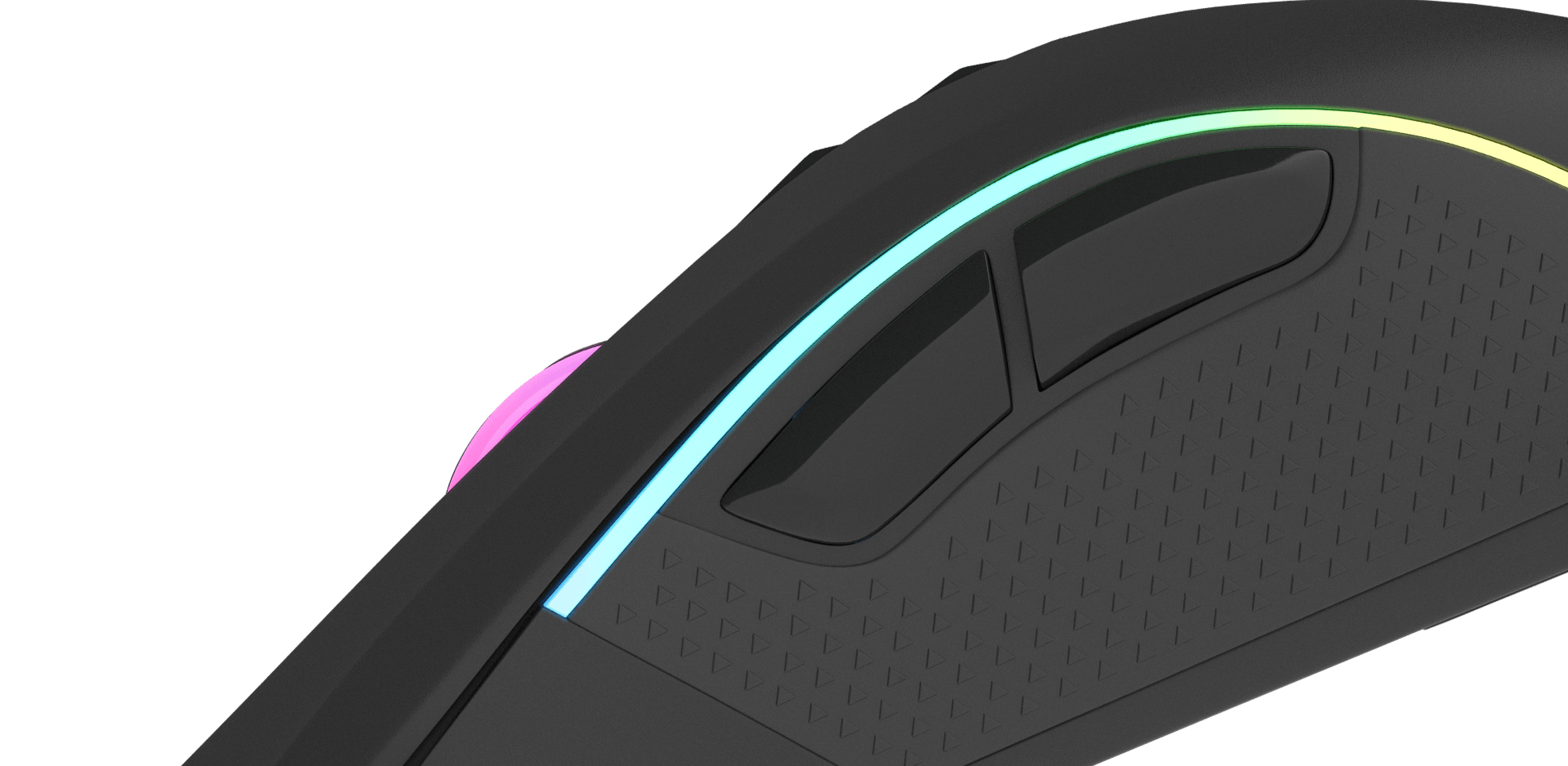 Close-up of a gaming mouse showing buttons and a colorful light strip along the side.