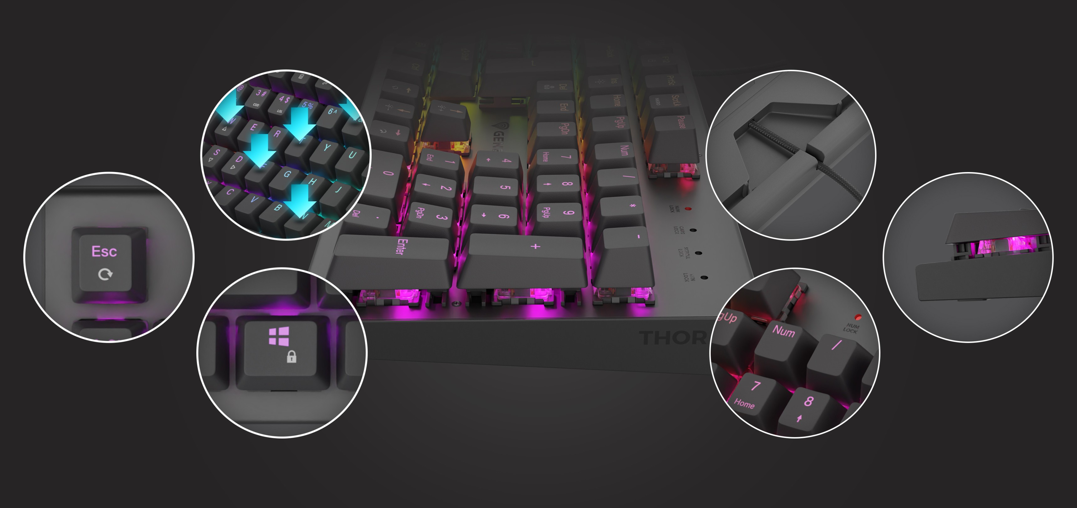 Close-up of the Genesis Thor 303 mechanical gaming keyboard with vibrant RGB lighting and highlight features like key switches and design details