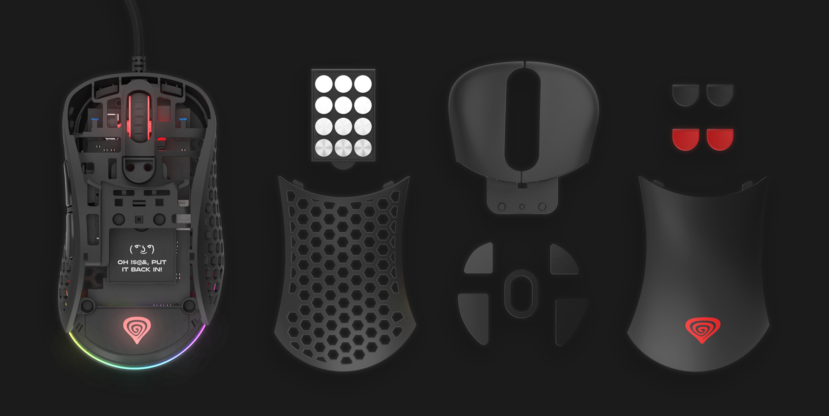 Gaming mouse with customizable parts, featuring RGB lighting and a high precision 16,000 DPI sensor. Includes various interchangeable panels