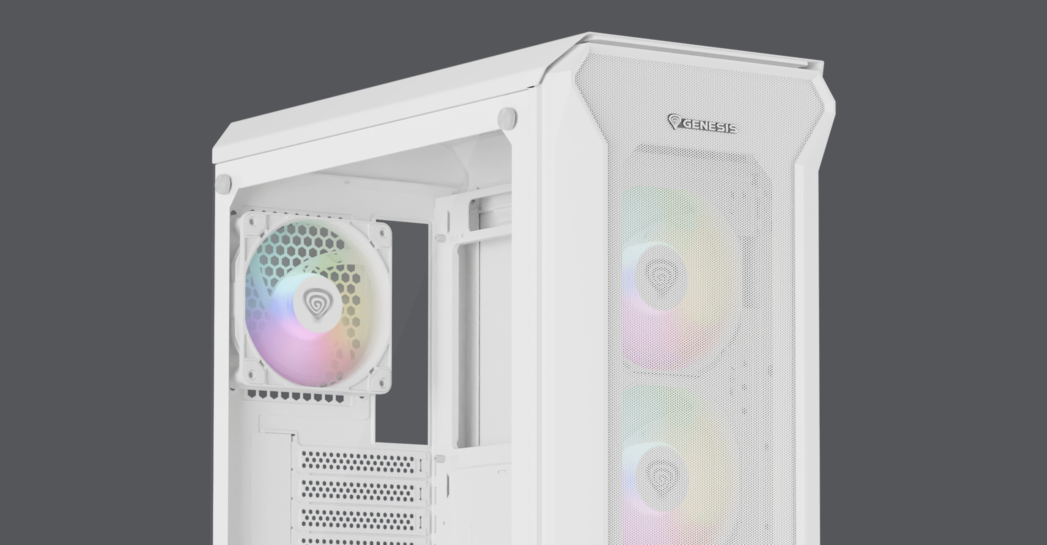 White Genesis IRID 505 ARGB V2 MIDI tower case featuring a transparent window and RGB fans