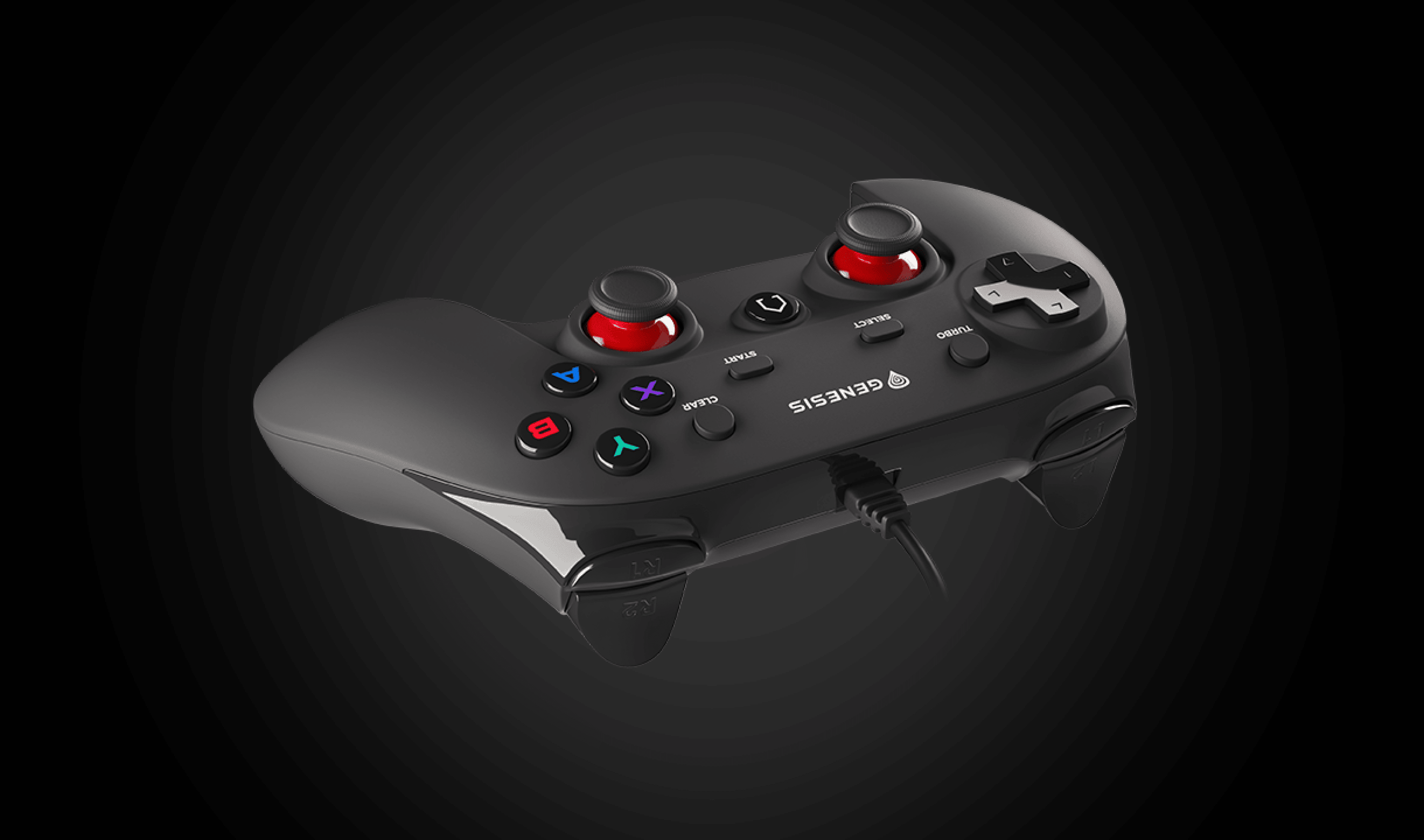 Game controller with two analog sticks, several buttons, and a connection cable.