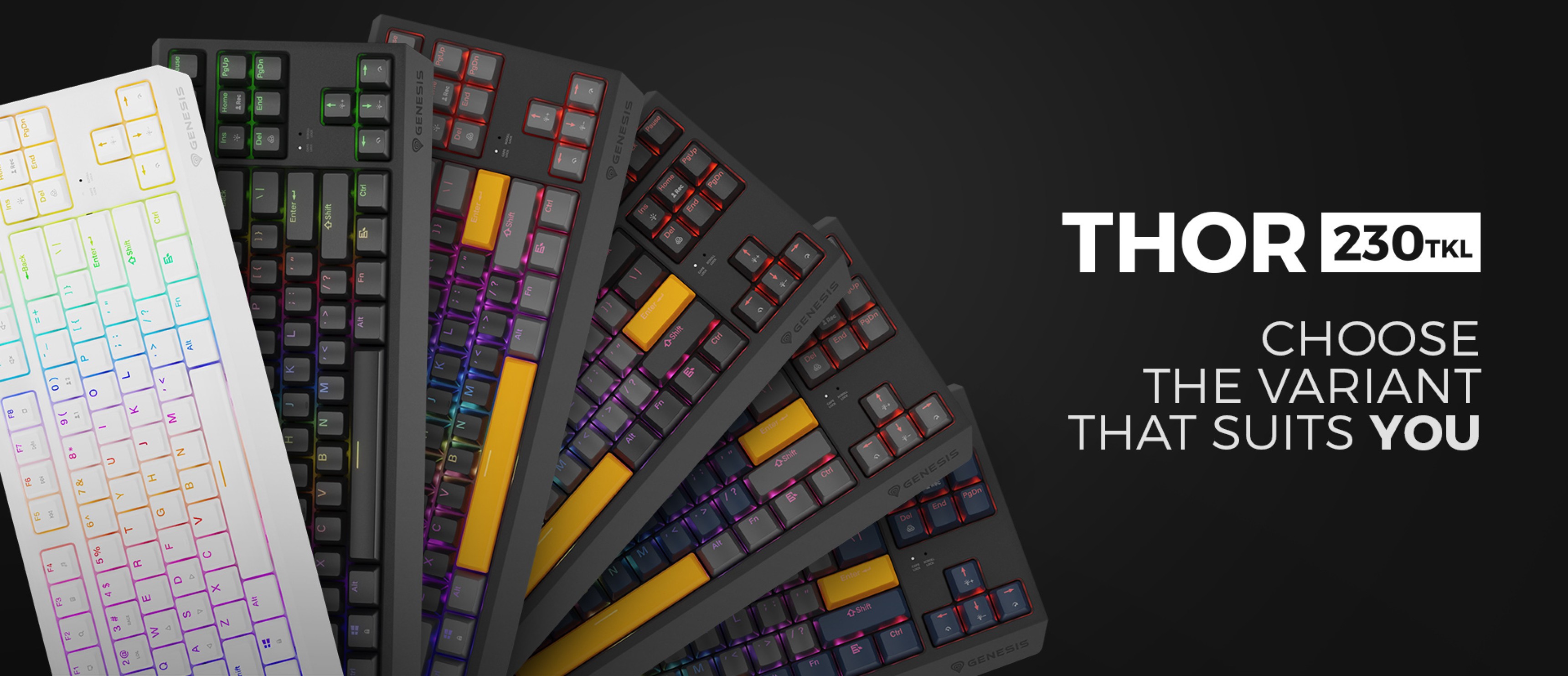 Various models of the Genesis Thor 230 TKL gaming mechanical keyboard, showcasing different colors and switch types