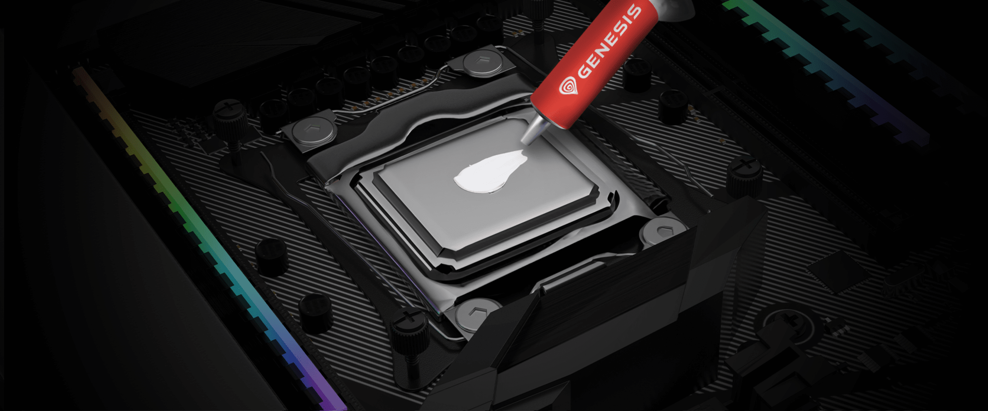 Thermal paste being applied to a CPU socket on a motherboard, with a red Genesis tube in focus