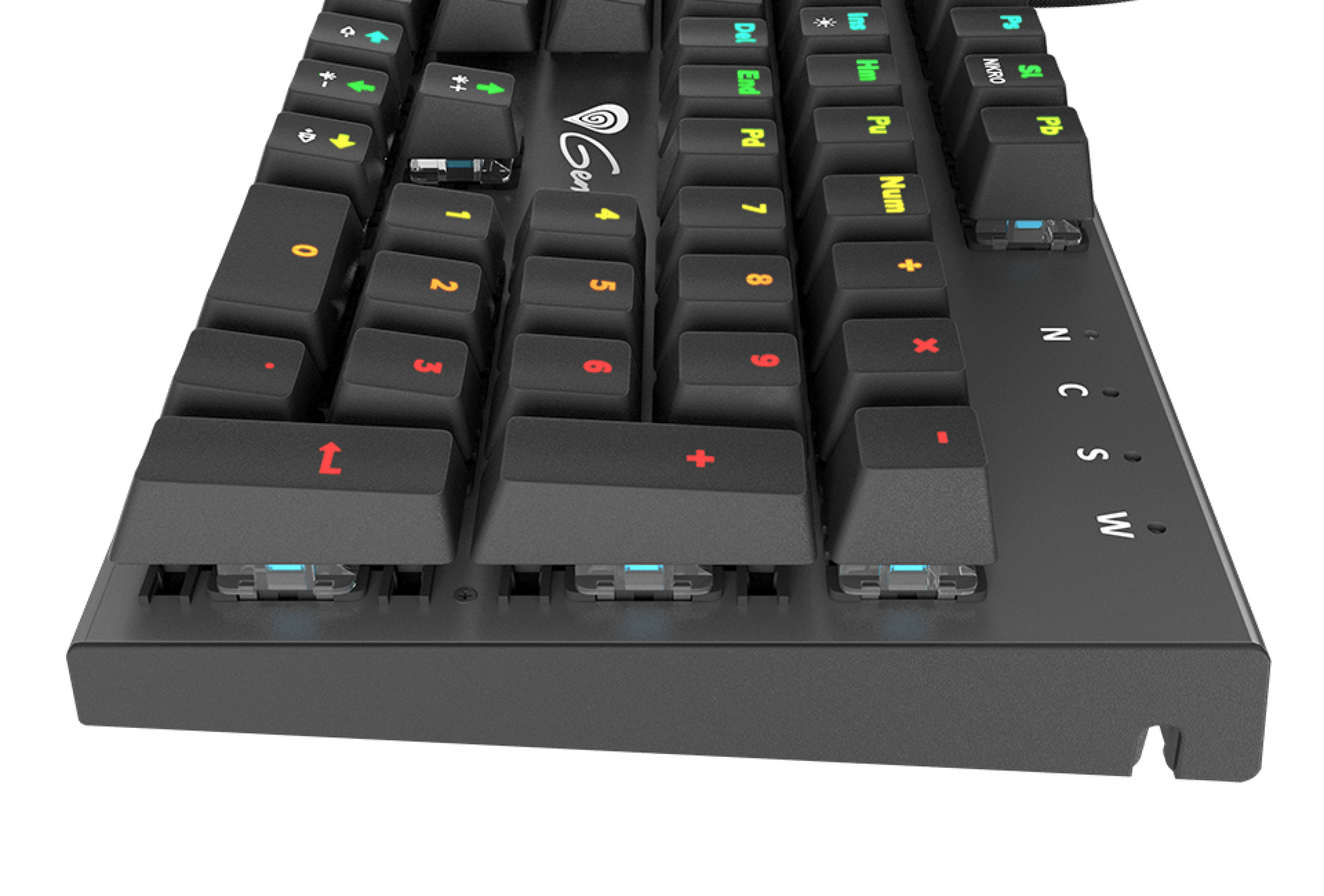 Close-up of a black gaming keyboard with colorful key labels and switches visible.
