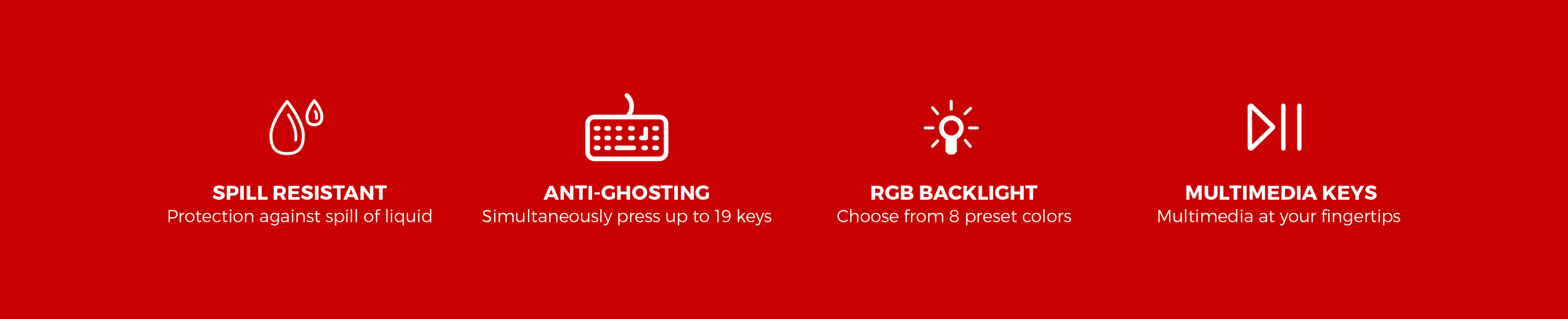 Icons representing features of the Genesis Rhod 300 RGB gaming keyboard: spill resistant, anti-ghosting, RGB backlight, and multimedia keys