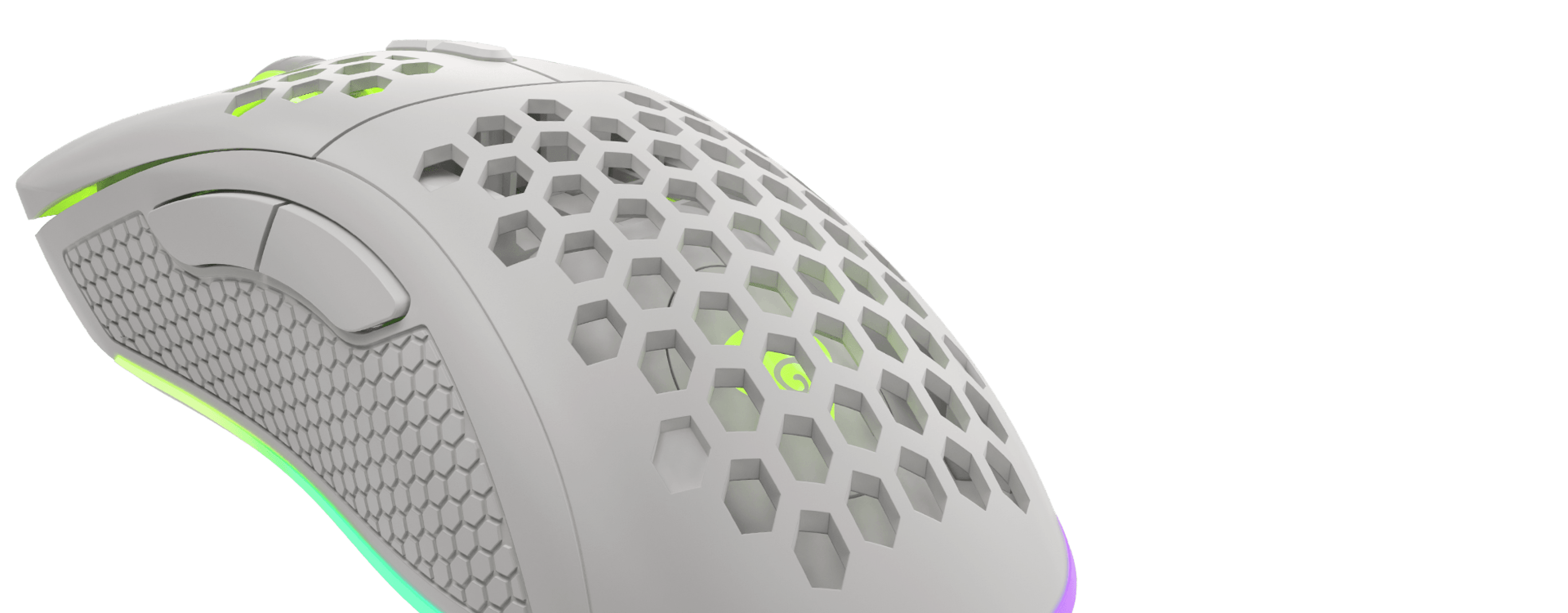 Lightweight gaming mouse with a honeycomb shell and customizable glowing edges.