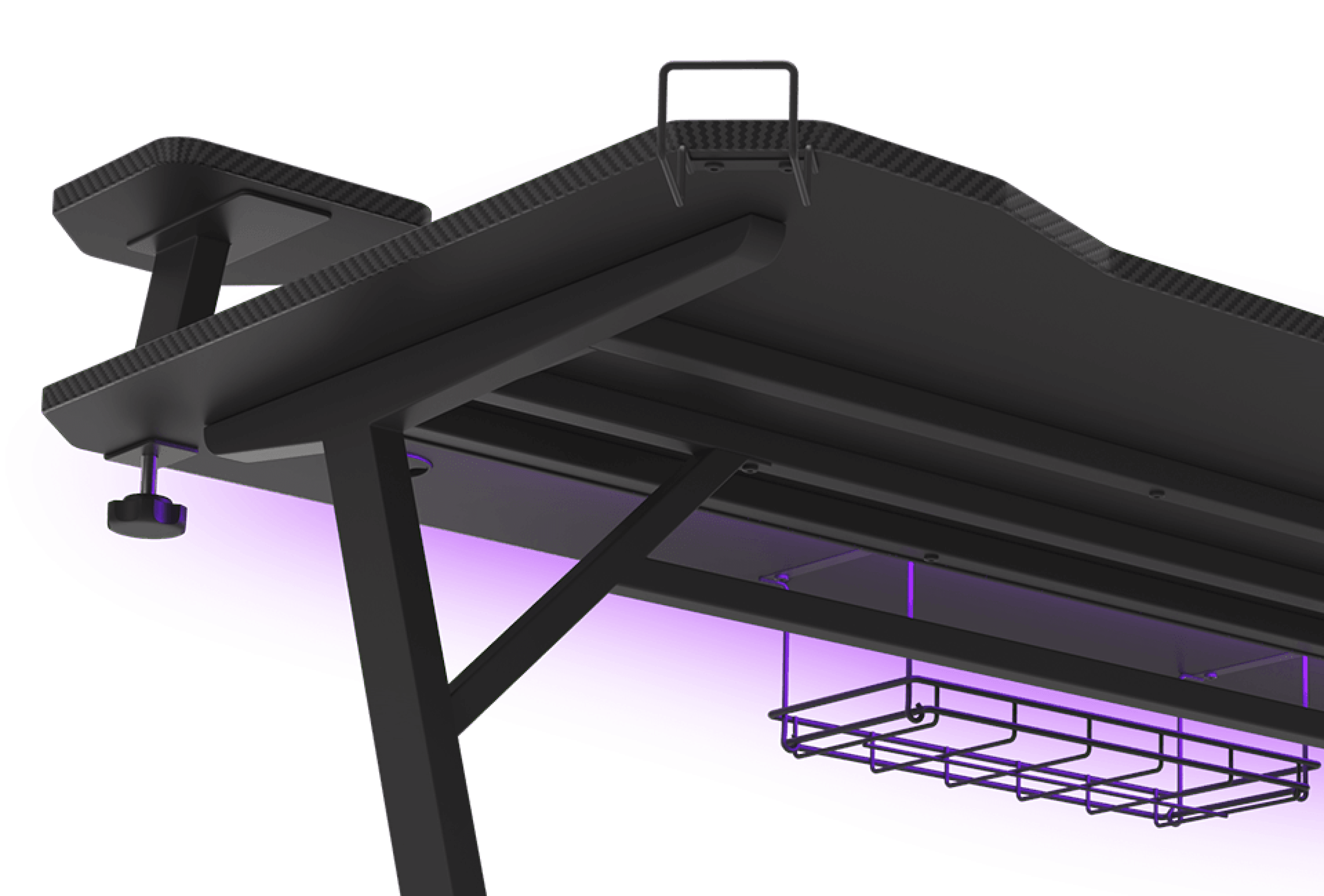 Black gaming desk with RGB lighting, featuring a sturdy frame and a wire basket for storage
