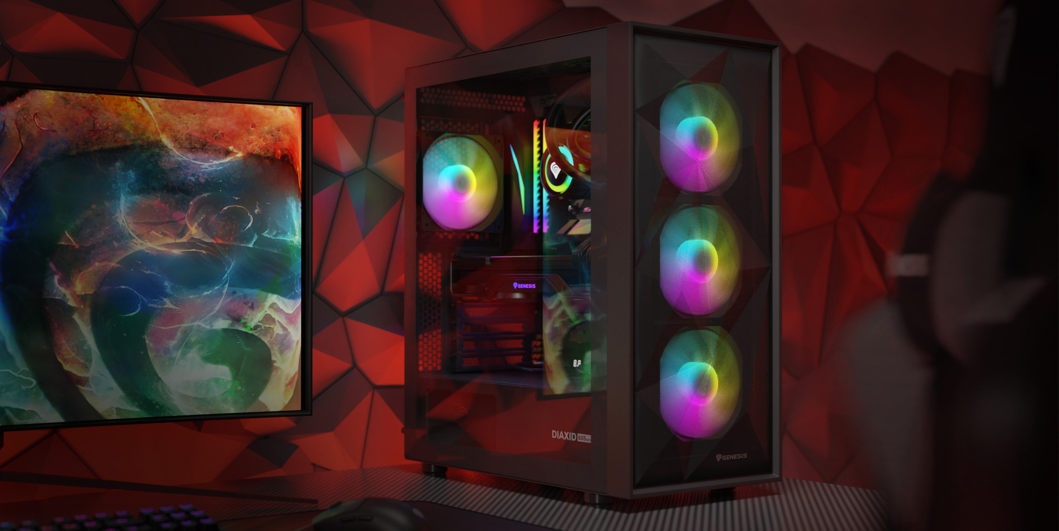 Black computer case with a transparent side panel and multiple illuminated cooling fans