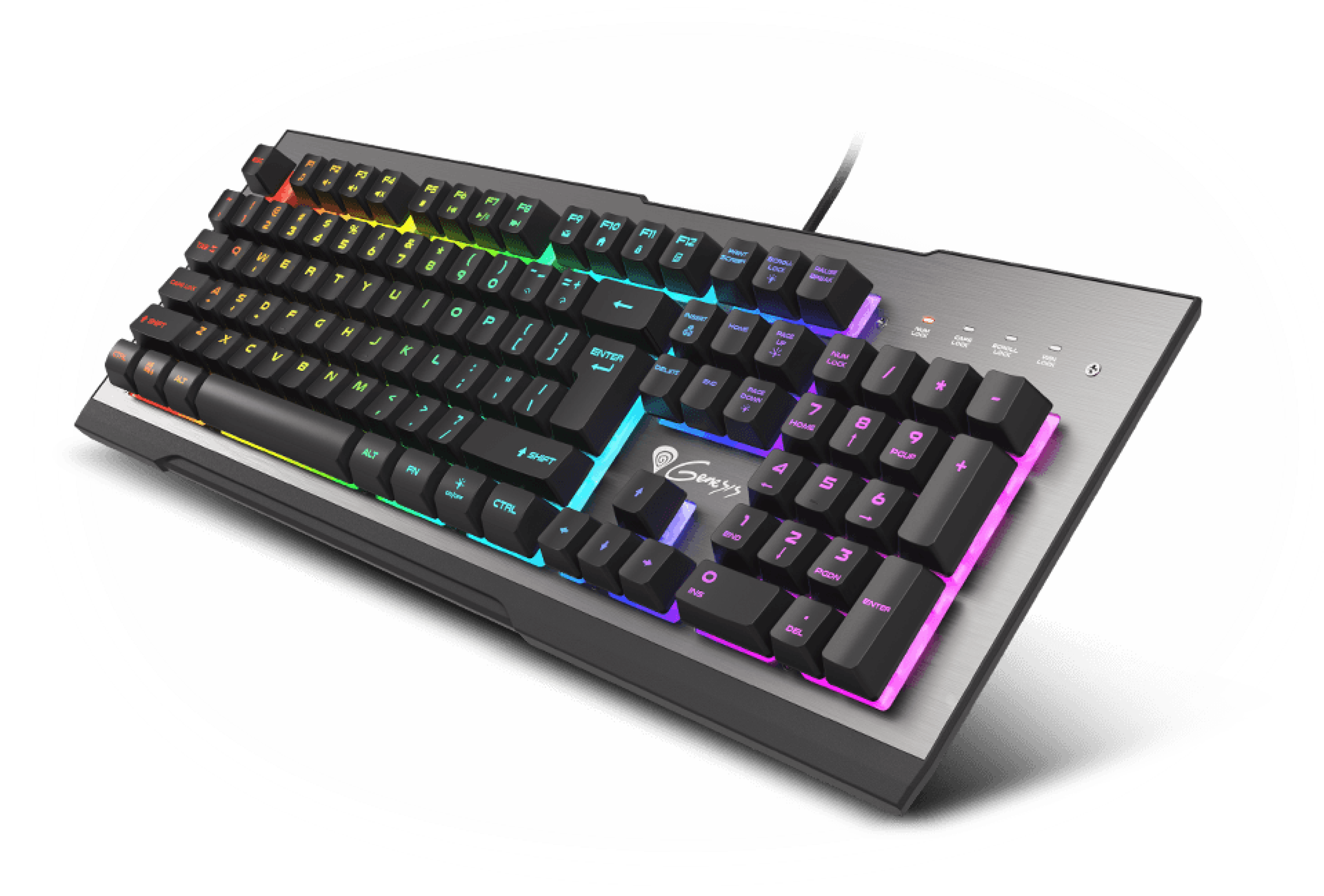 Gaming keyboard with colorful backlighting and a variety of mechanical keys.
