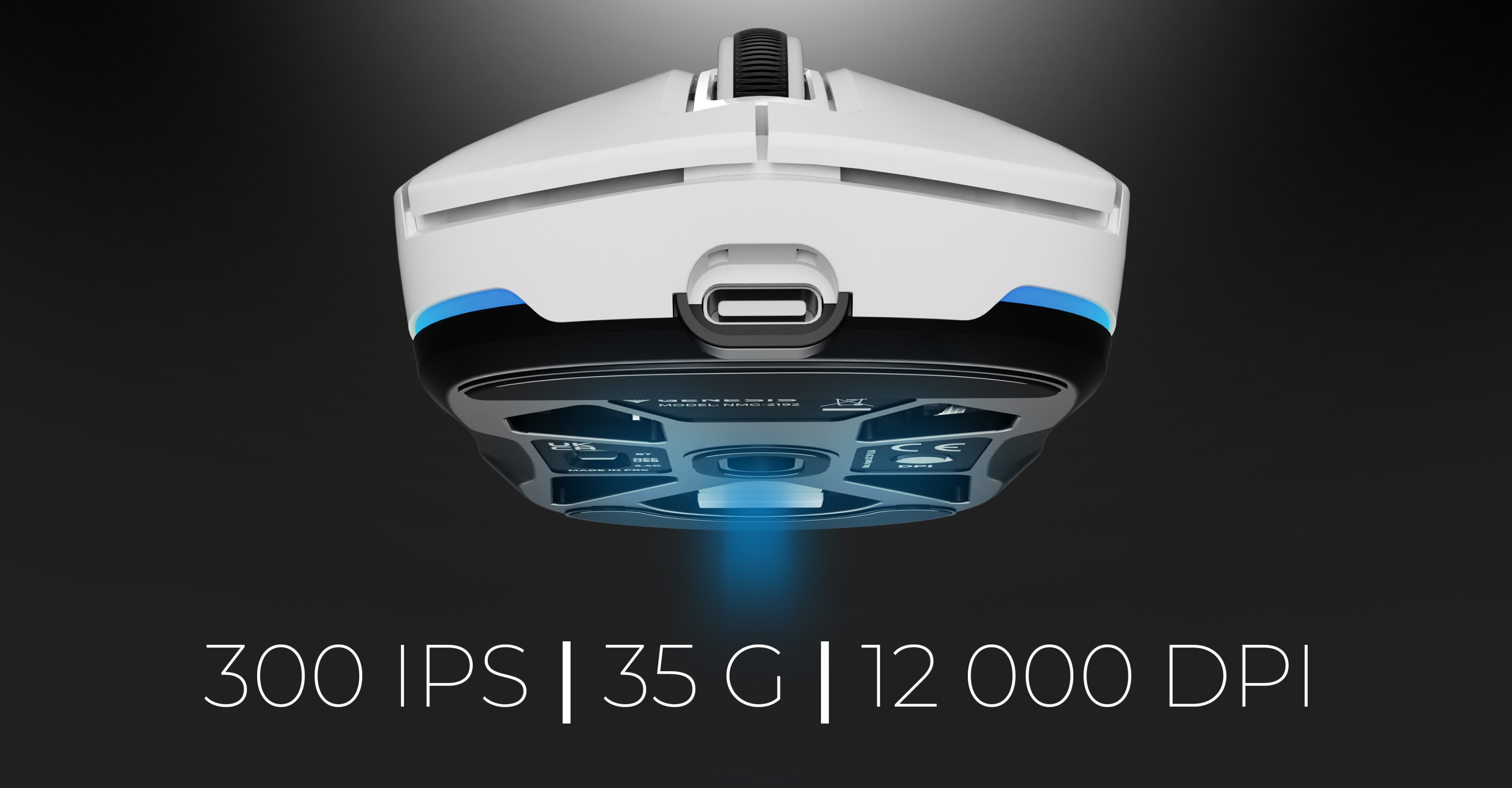 Wireless gaming mouse in white, featuring an illuminated underside with specifications: 300 IPS, 35 G, and 12,000 DPI