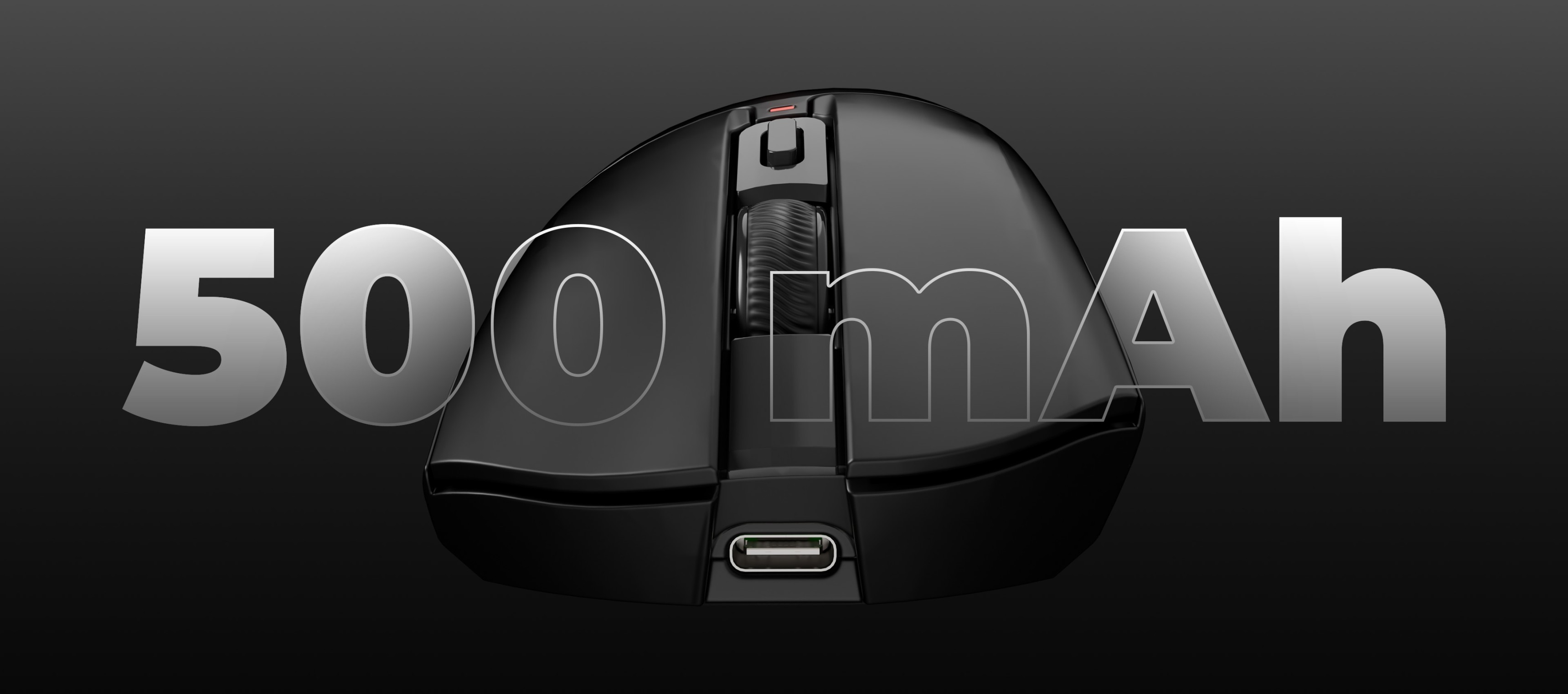 Black computer mouse featuring a smooth scroll wheel and a connection port in the front.