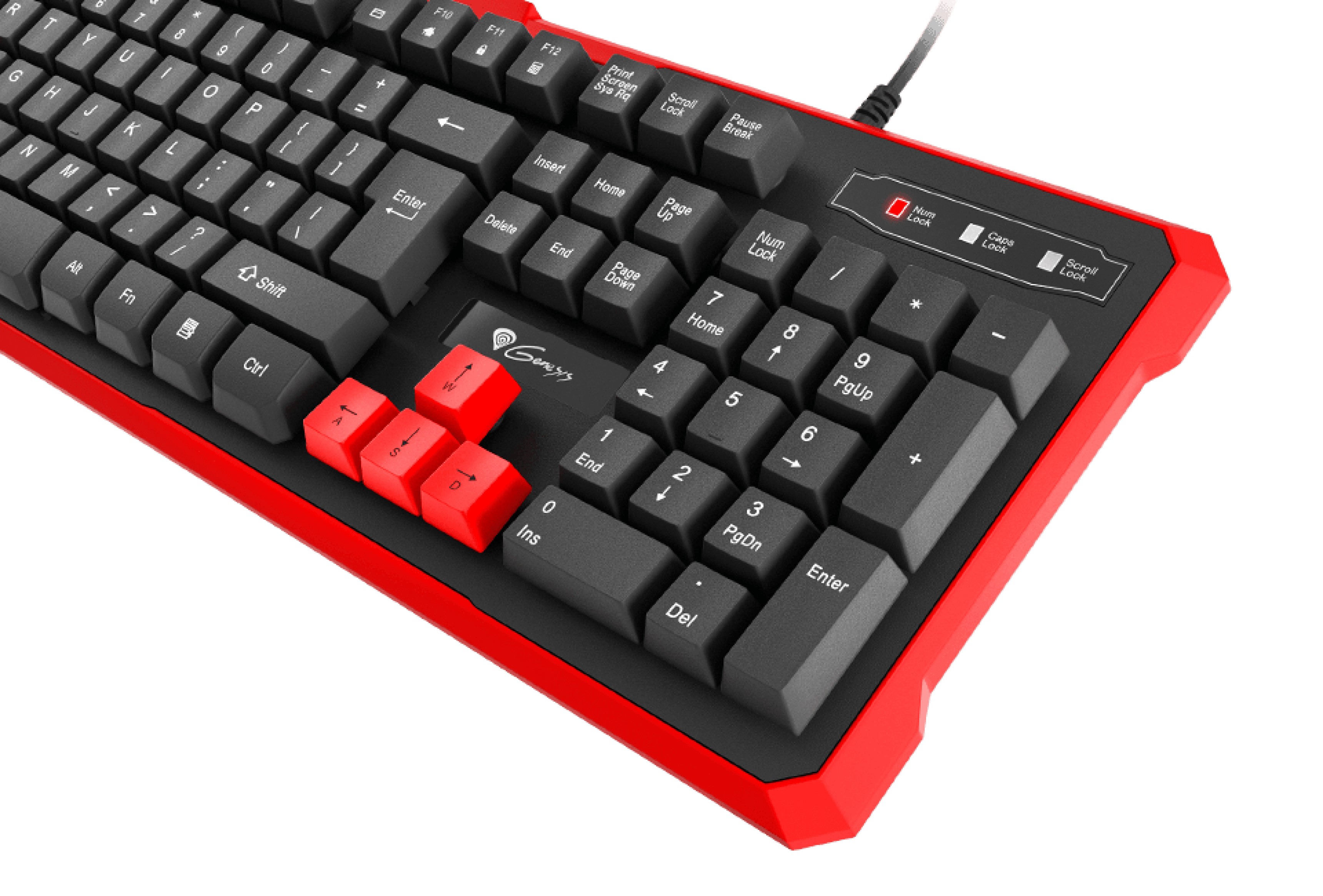 Keyboard with a red frame and black keys, featuring highlighted red control keys.