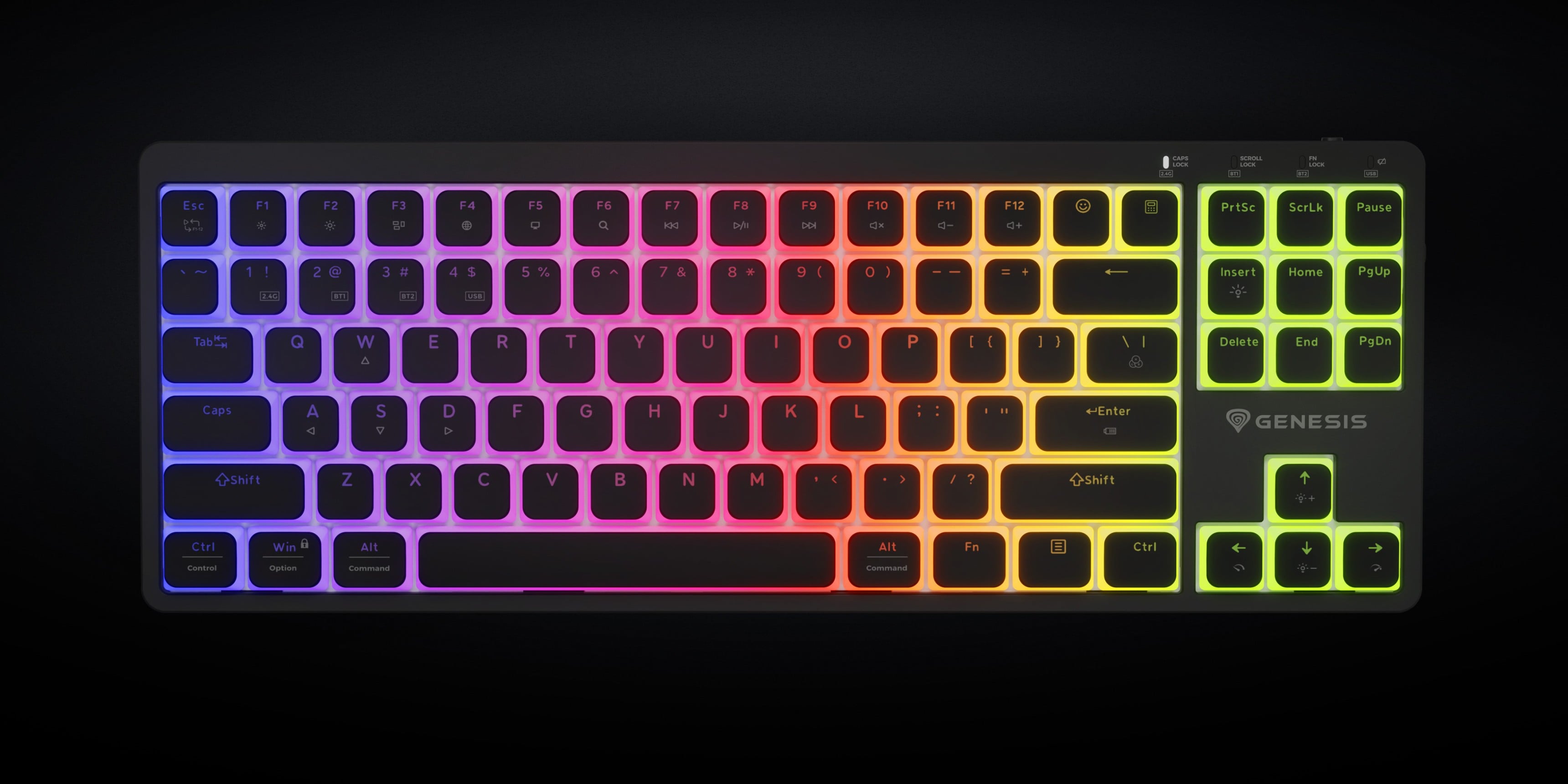 Keyboard featuring a bright rainbow color lighting effect on the keys.