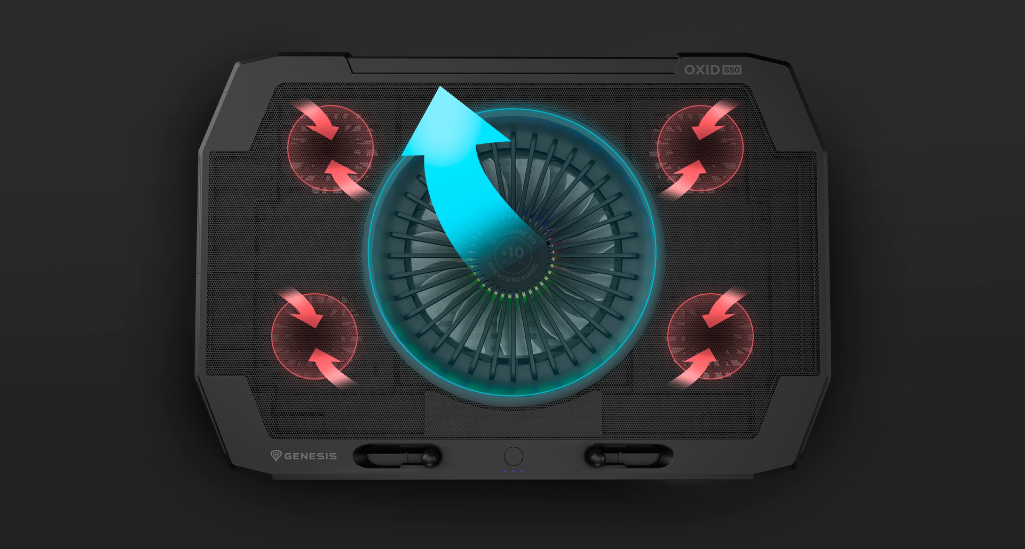 Laptop cooling pad with RGB lighting, featuring five fans for enhanced airflow and compatibility with 15.6"-17.3" laptops