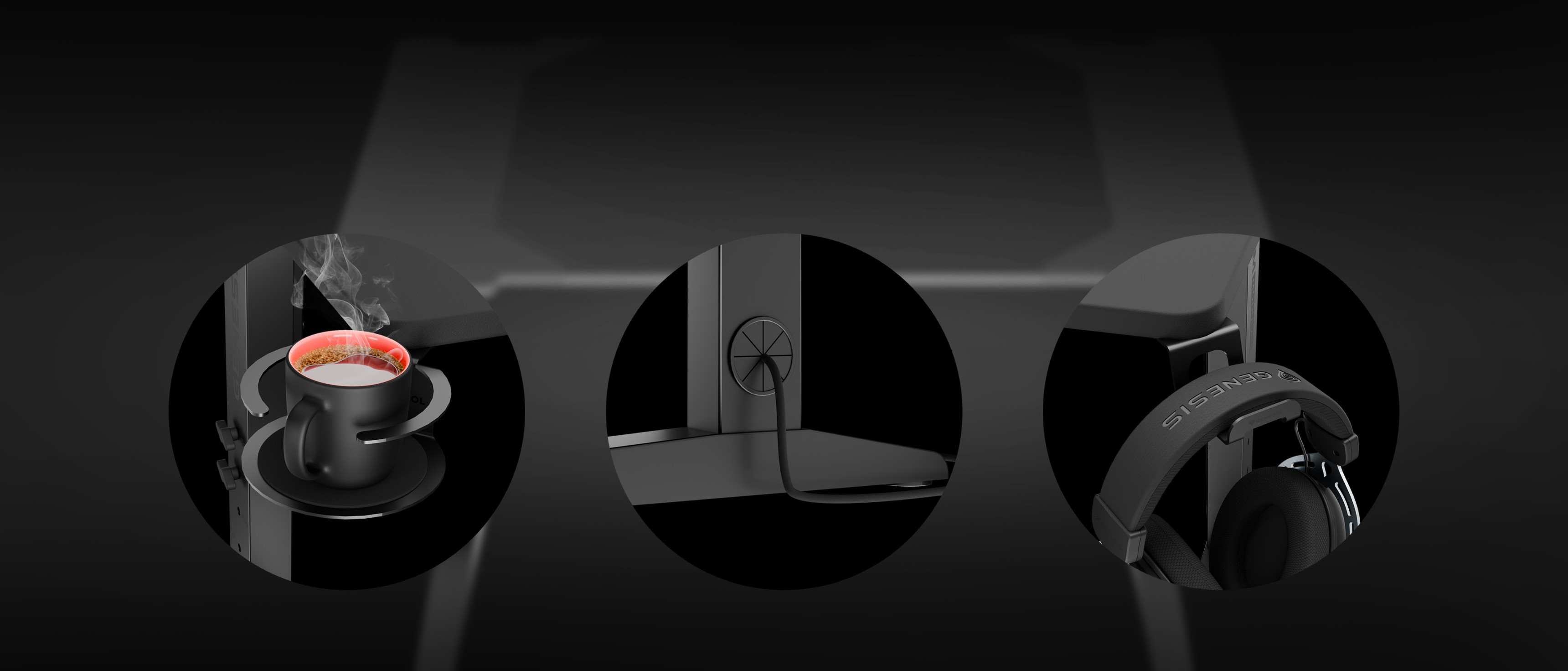 Detailed view of the Genesis Holm Modular 160 Corner gaming desk, showcasing a cup holder, adjustable height feature, and headphone hook
