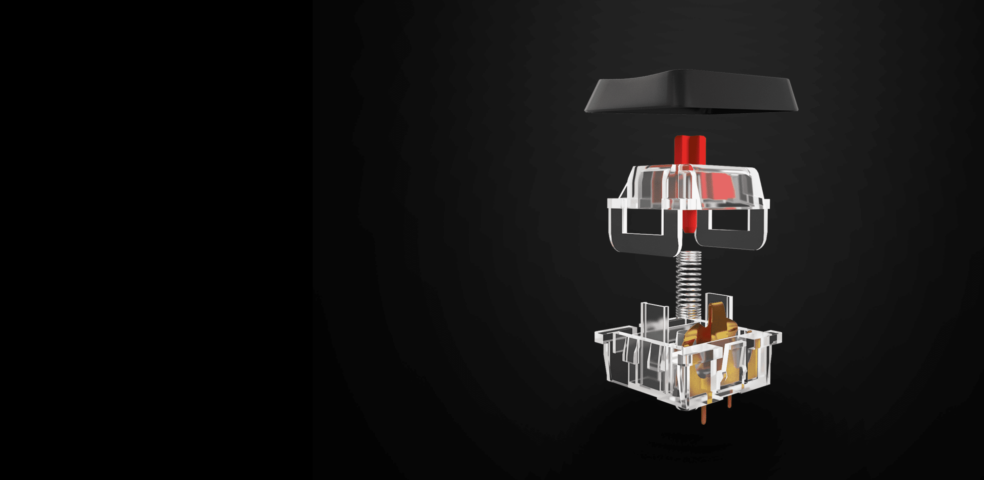 Close-up view of a mechanical switch showing its transparent housing and internal components.