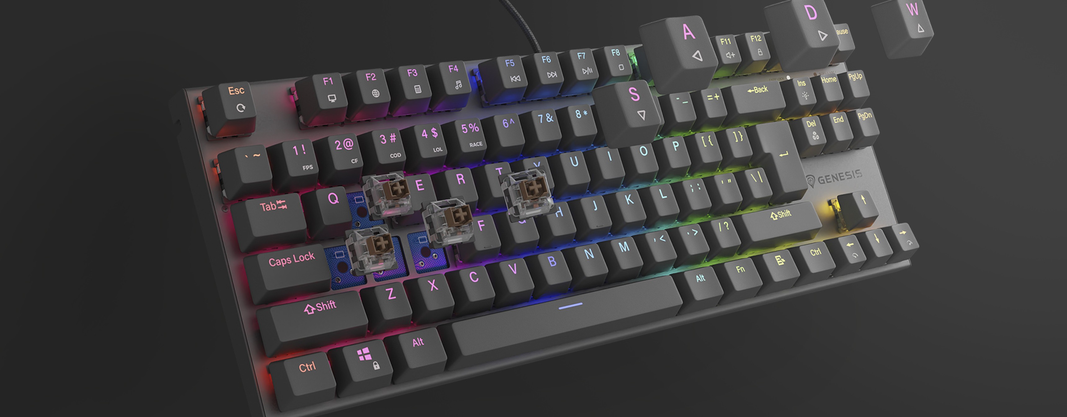 RGB mechanical keyboard with hot-swappable brown switches, showcasing vibrant lighting and missing keycaps for customization