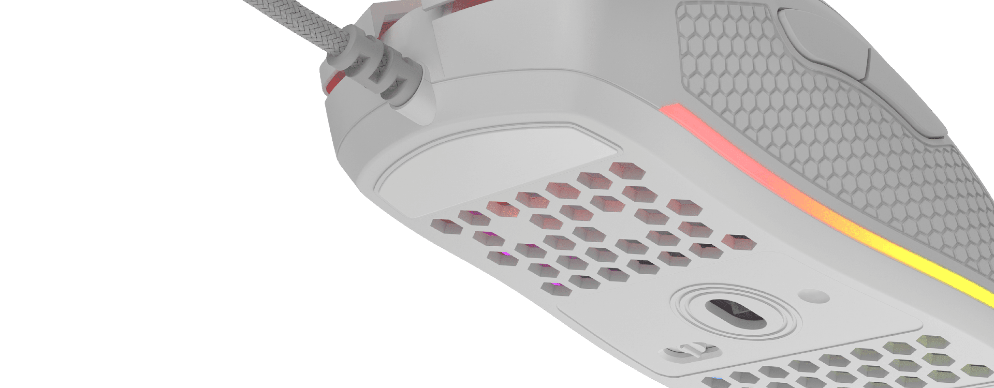 Gaming mouse with a textured surface and a colorful light stripe on the side.
