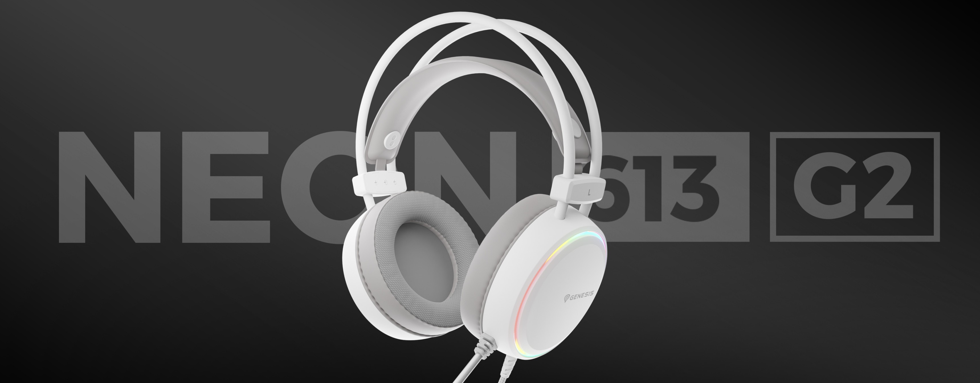 White Genesis Neon 613 G2 RGB over-ear headphones with a microphone and white backlighting