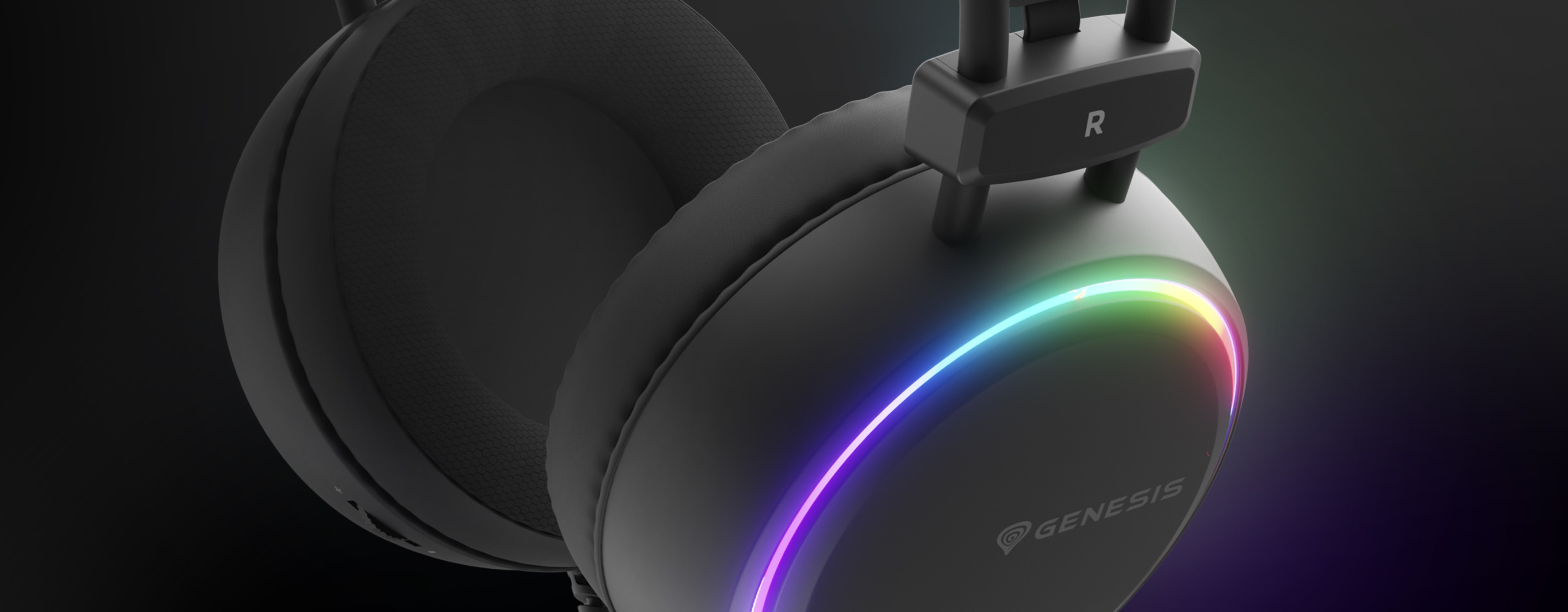 Black Genesis Neon 613 G2 RGB headphones with a microphone, featuring colorful RGB lighting along the ear cups
