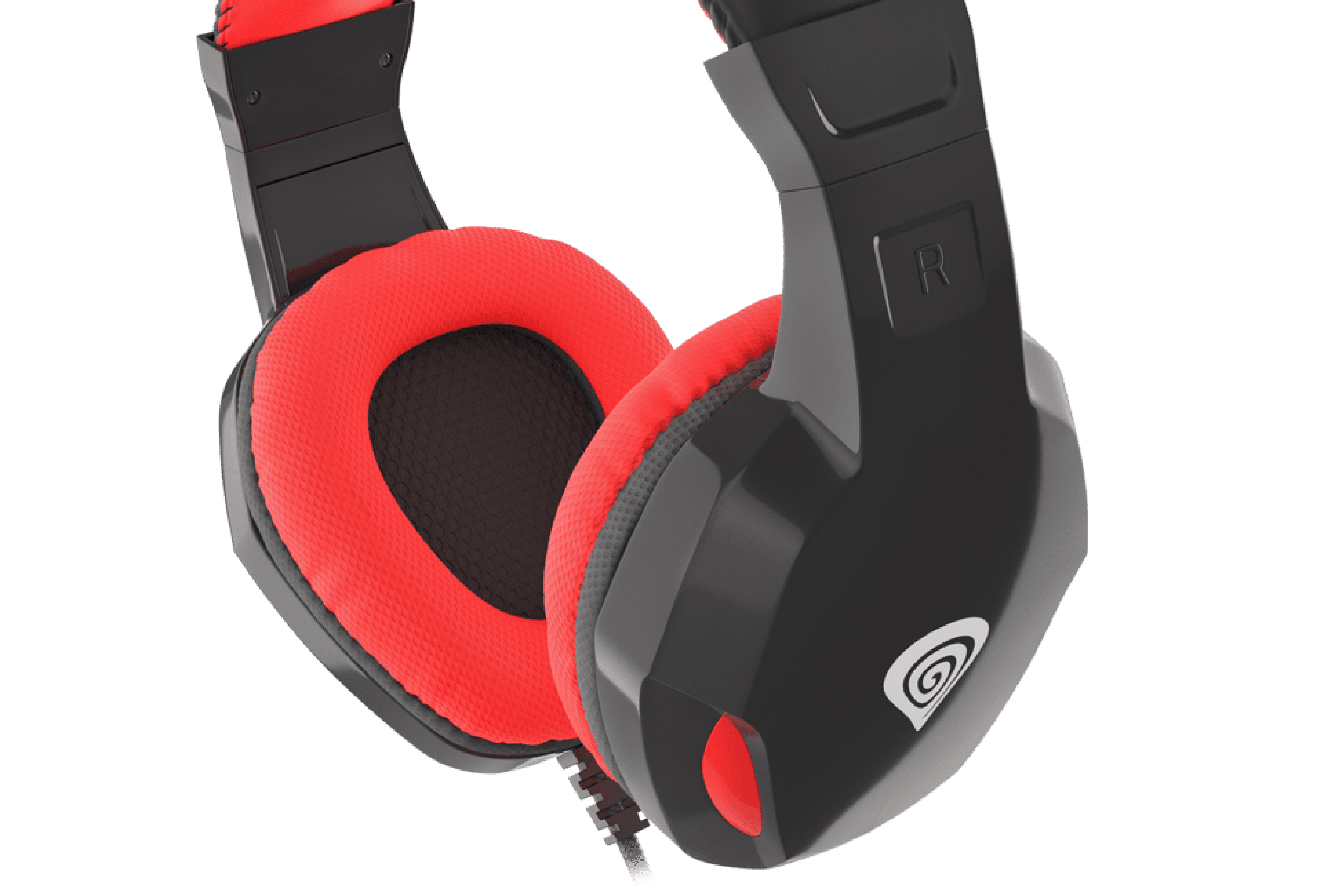 Headphones with black and red padding featuring a comfortable design for extended use.