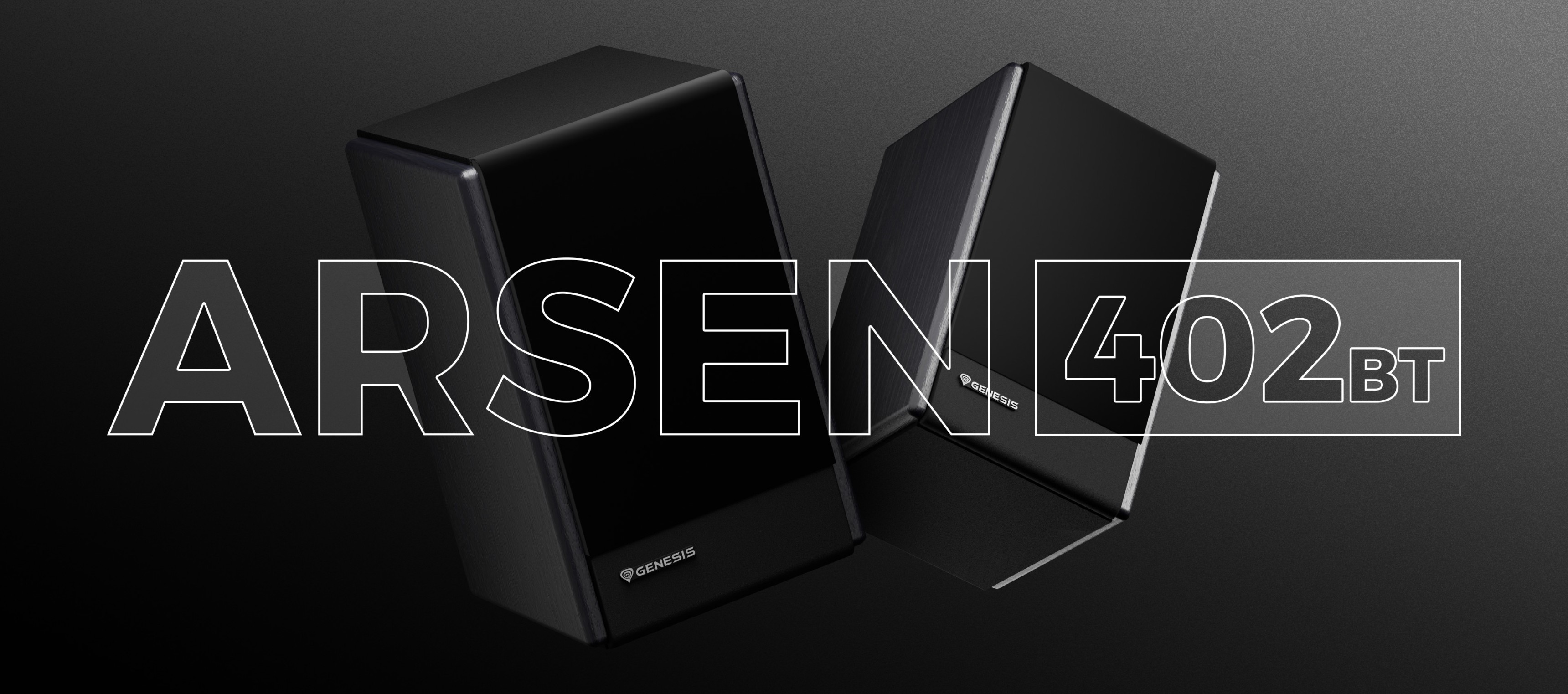 Black speakers with a sleek design positioned at different angles on a dark background.